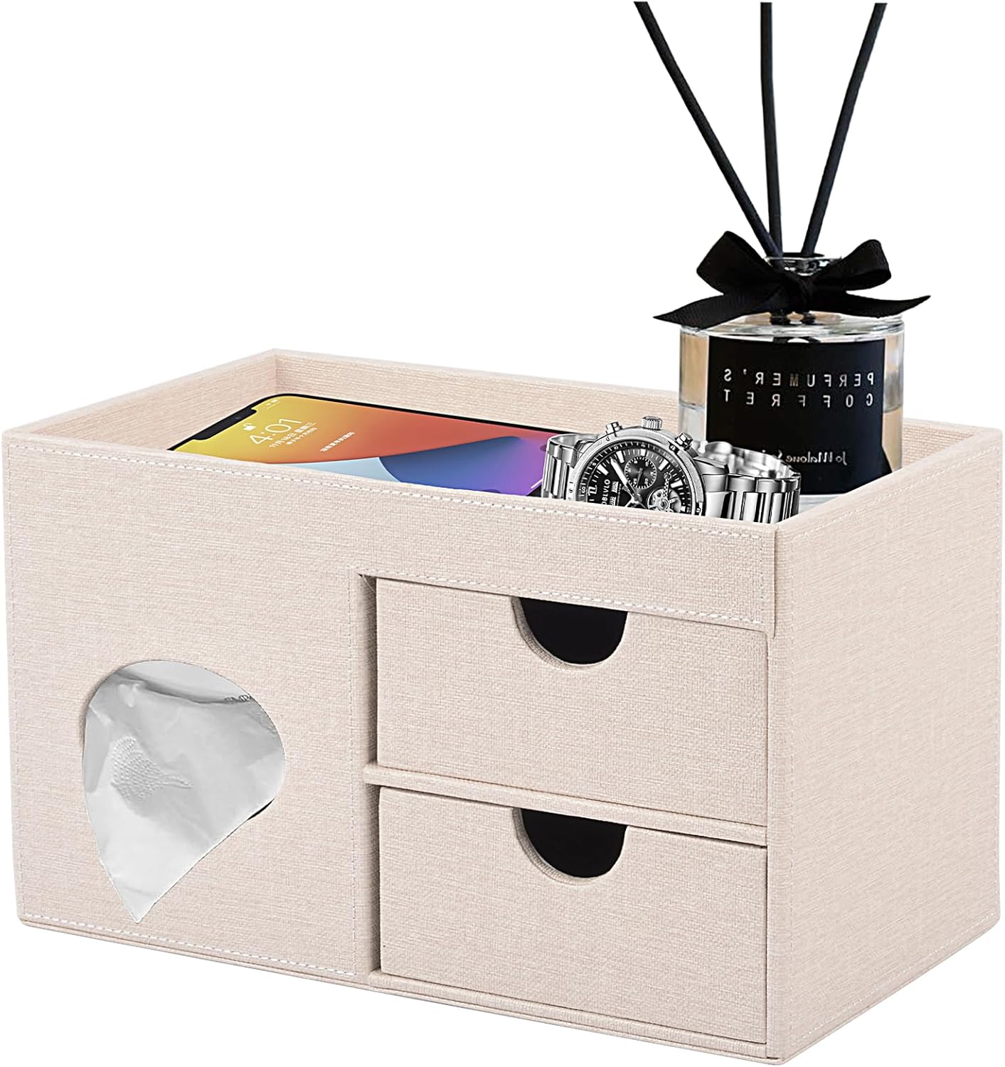 Square Tissue Box Cover with Drawers,Tissue Box Holder with Storage Tray,​ Makeup Organizer and Desk Organizer,Tissue Holders Decorative for Bathroom Vanity NightStand Dressing Table (Black)