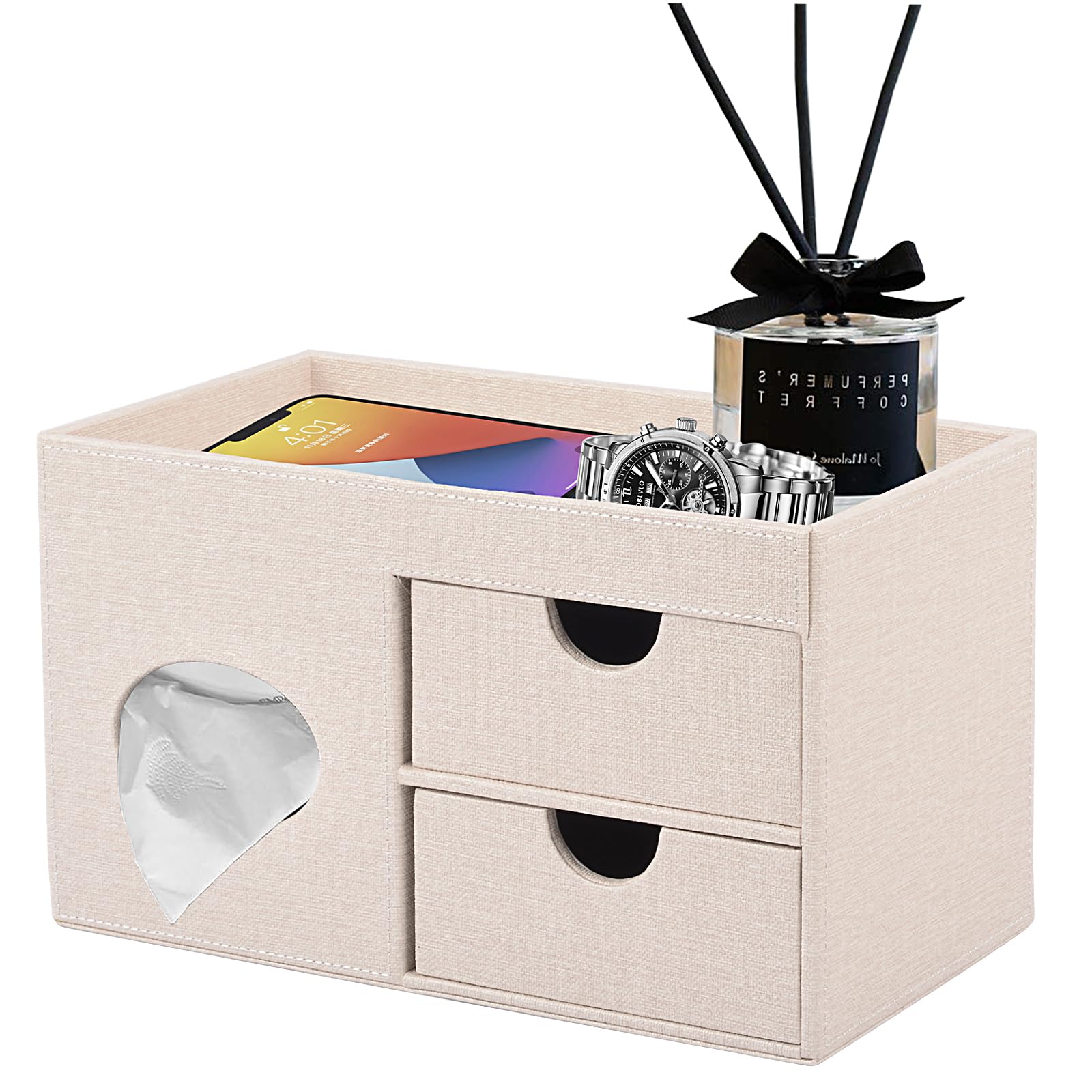Beige tissue box cover with two drawers and storage tray