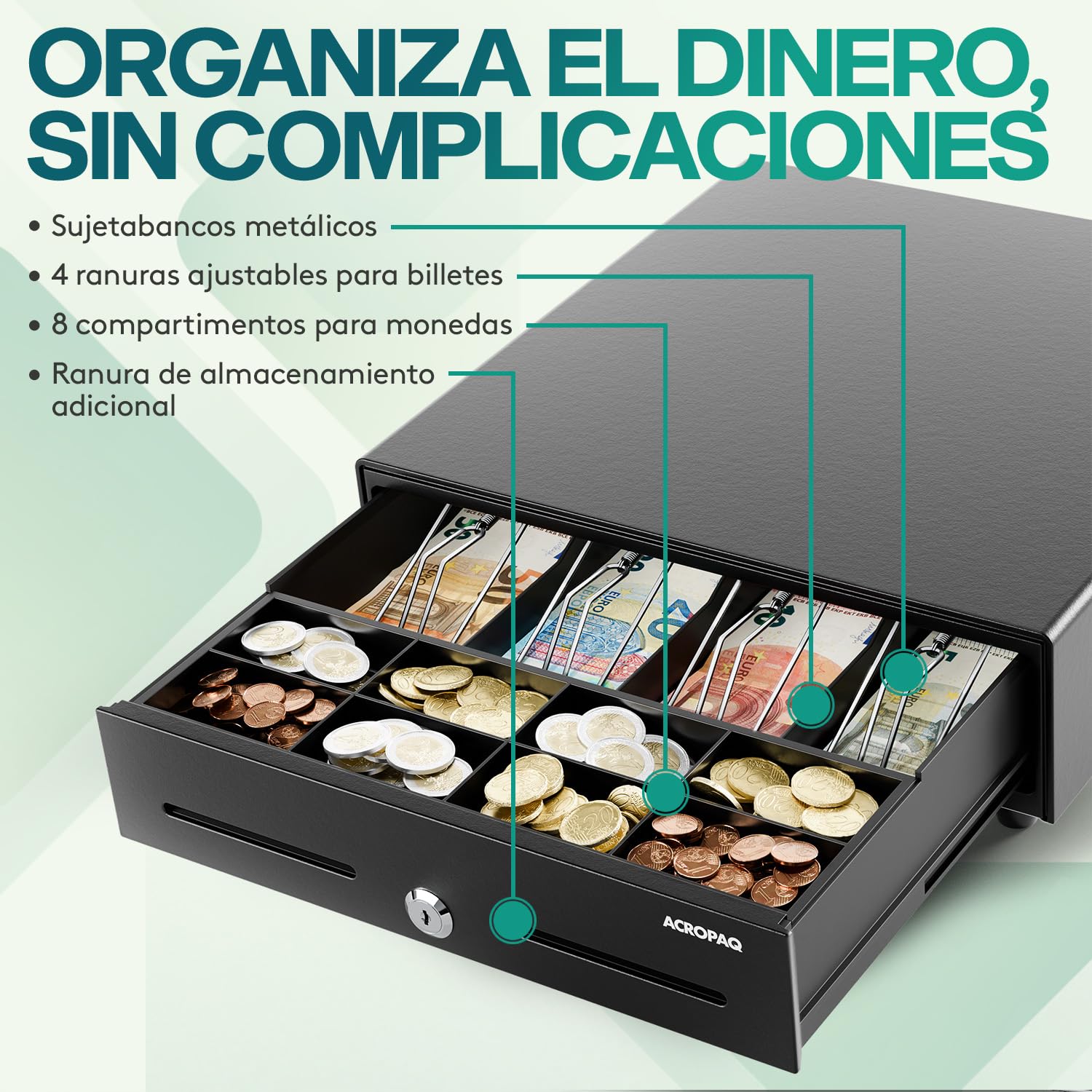 ACROPAQ Cajón portamonedas - Compatible con caja registradora RJ11, 4 compartimentos monedas y 8 billetes, (34 x 33 x 10 cm) Carcasa de metal resistente - Caja registradora negocio