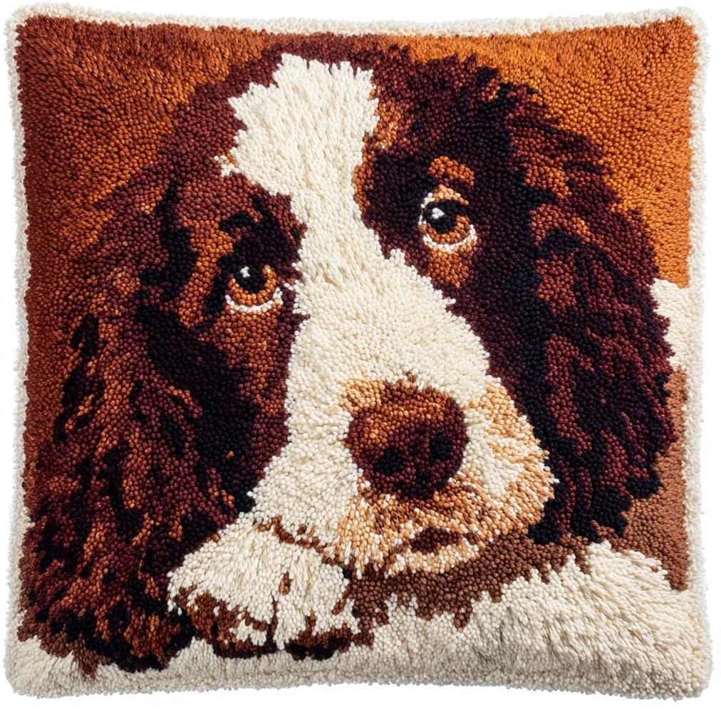 kitphoenix Latch Hook Cushion Kits Springer Spaniel Dog Latch Hook Pillow Case Kits Embroidery Kits 17X17Inch DIY Needlework Pillow Cover Sofa Cushion Rug Making Kits, DIY Craft Kits 17X17Inch