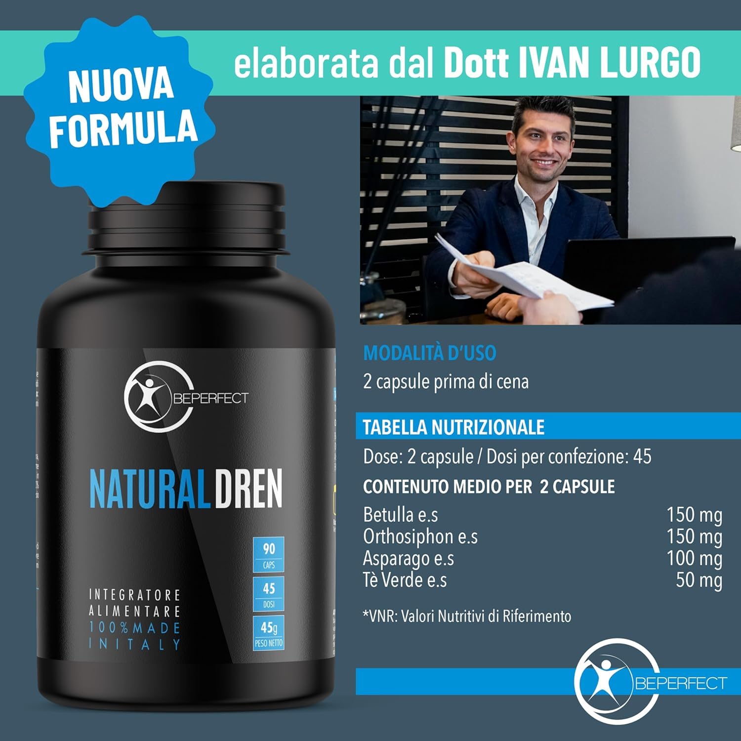 BePerfect Drenante Forte Donna Anticellulite e Diuretico [SCELTO DAI VIP] Capsule ad Alto Dosaggio x Pancia, Gambe, Braccia e Fianchi