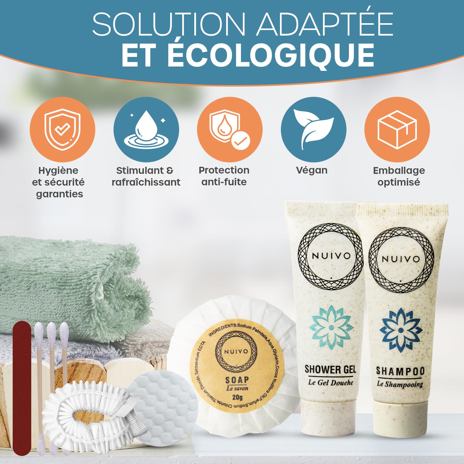 Pack de 50 Kits d’Accueil Écoresponsables Complets pour Hôtel, Airbnb, Gîte, Mariage – Mini Shampoing, Gel Douche, Savon, Vanity Kit, Bonnet de Bain – Sans Paraben - Format Voyage