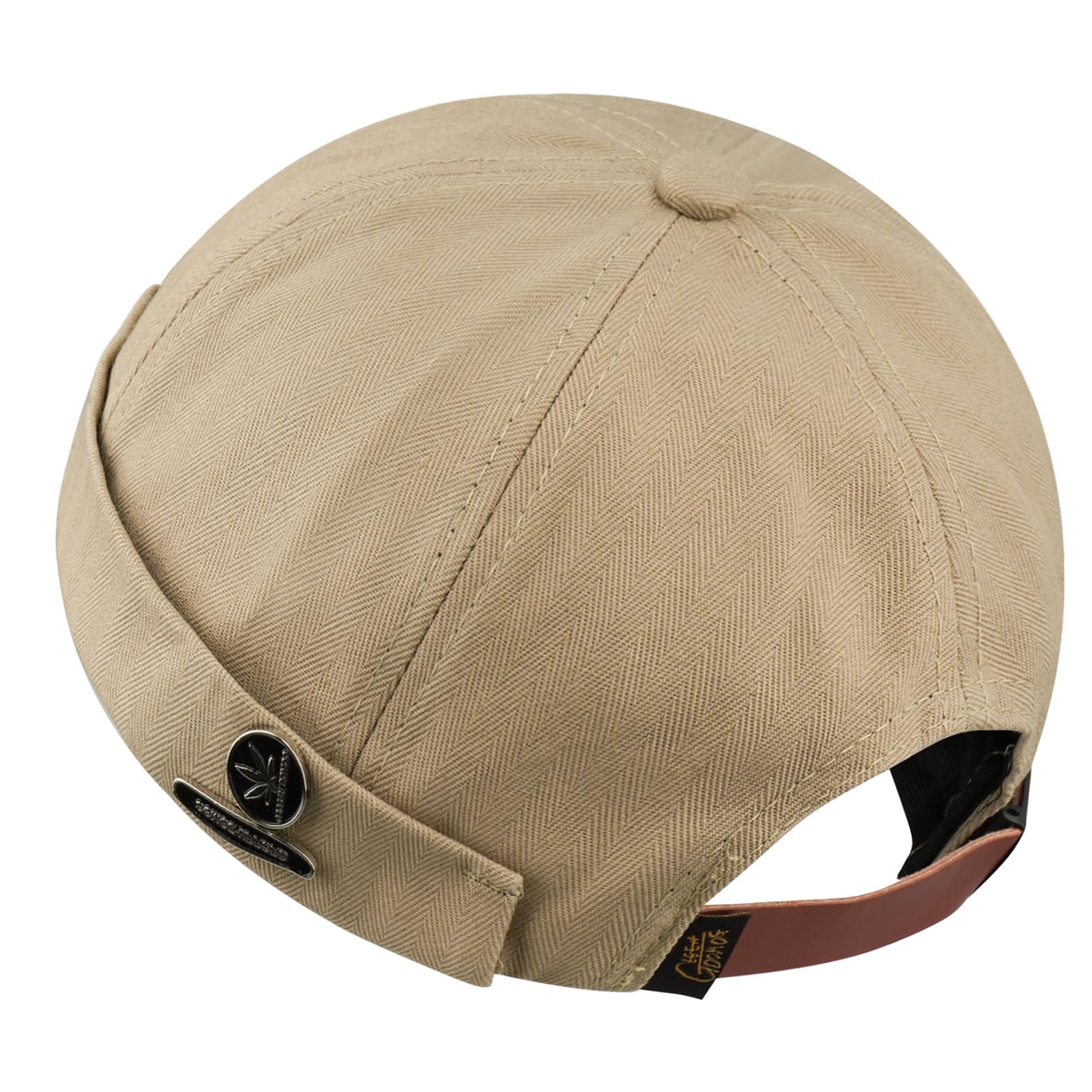 Croogo Brimless Sailor Fisherman Hat Rolled Cuff Beanie Hat Stylish Metal Decoration Brimless Cap Khaki
