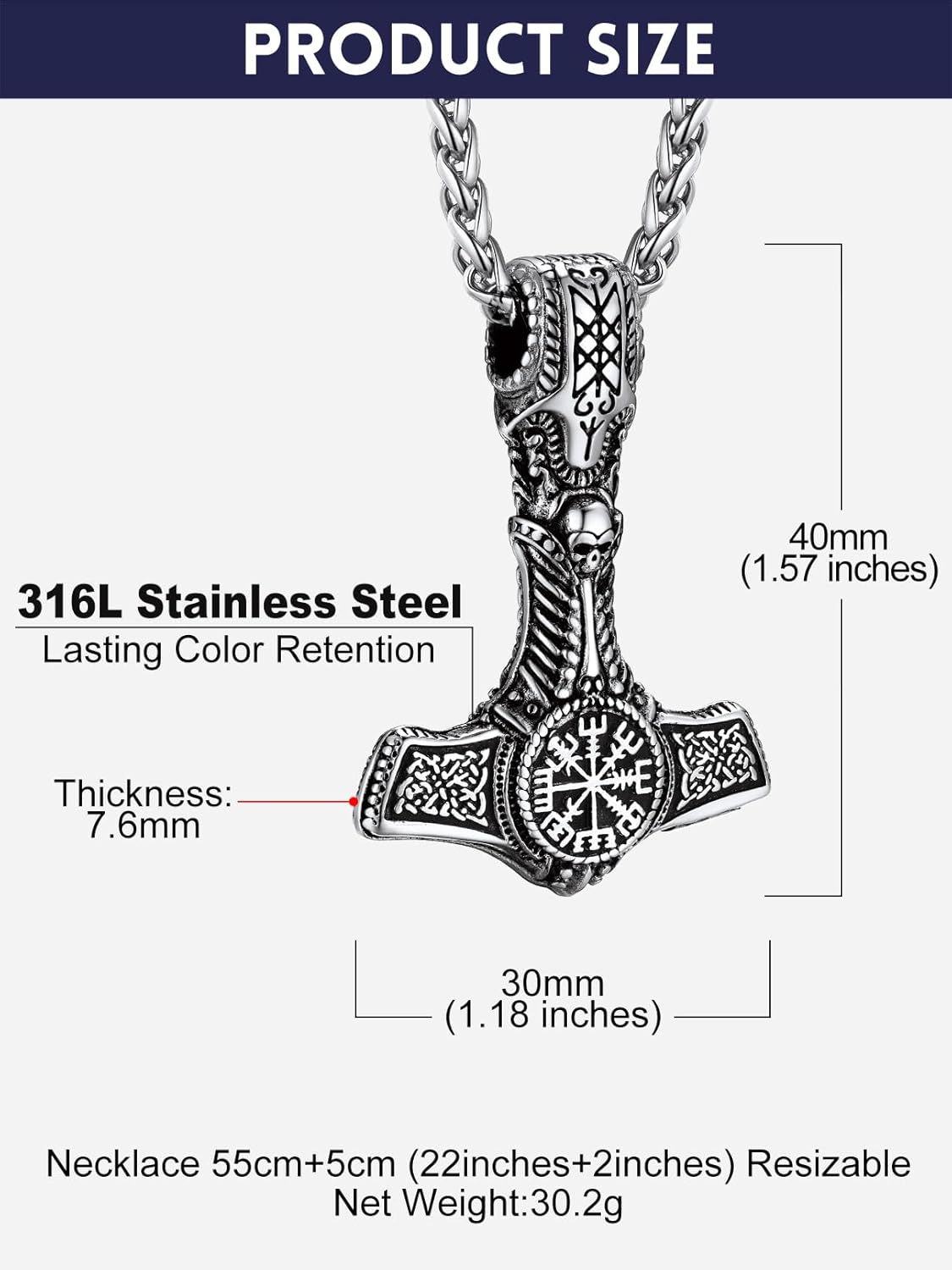 Bandmax Stainless Steel Viking Hammer Pendant Necklace for Men Silver/Black/Gold Mjolnir Mens Norse Style Jewelry - Image 6