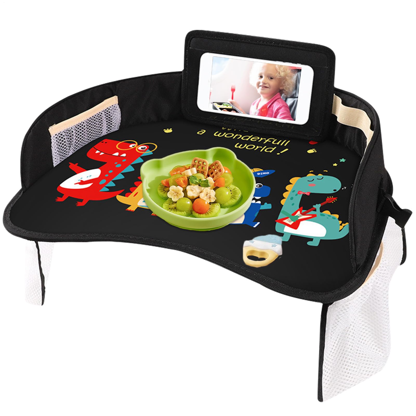 Bandeja de viaje para niños: mesa de actividades impermeable para asiento de coche, escritorio portátil con espacio para guardar juguetes | Soporte para refrigerios, superficie de dibujo para niños pe