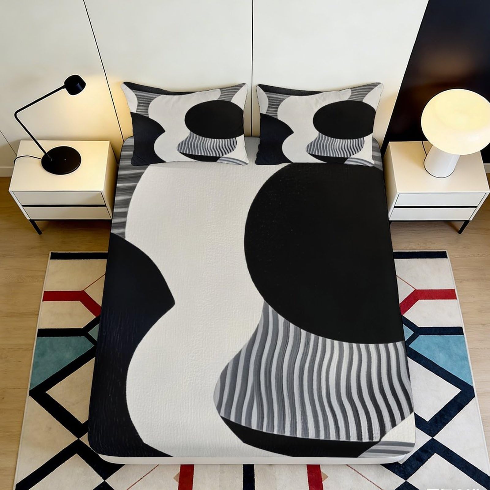 3D Printed Abstract Geometric Fitted Sheet Microfiber Soft Breathable Monochrome Art Mattress Cover for Bedroom Guest Room Decor 90x200x25cm