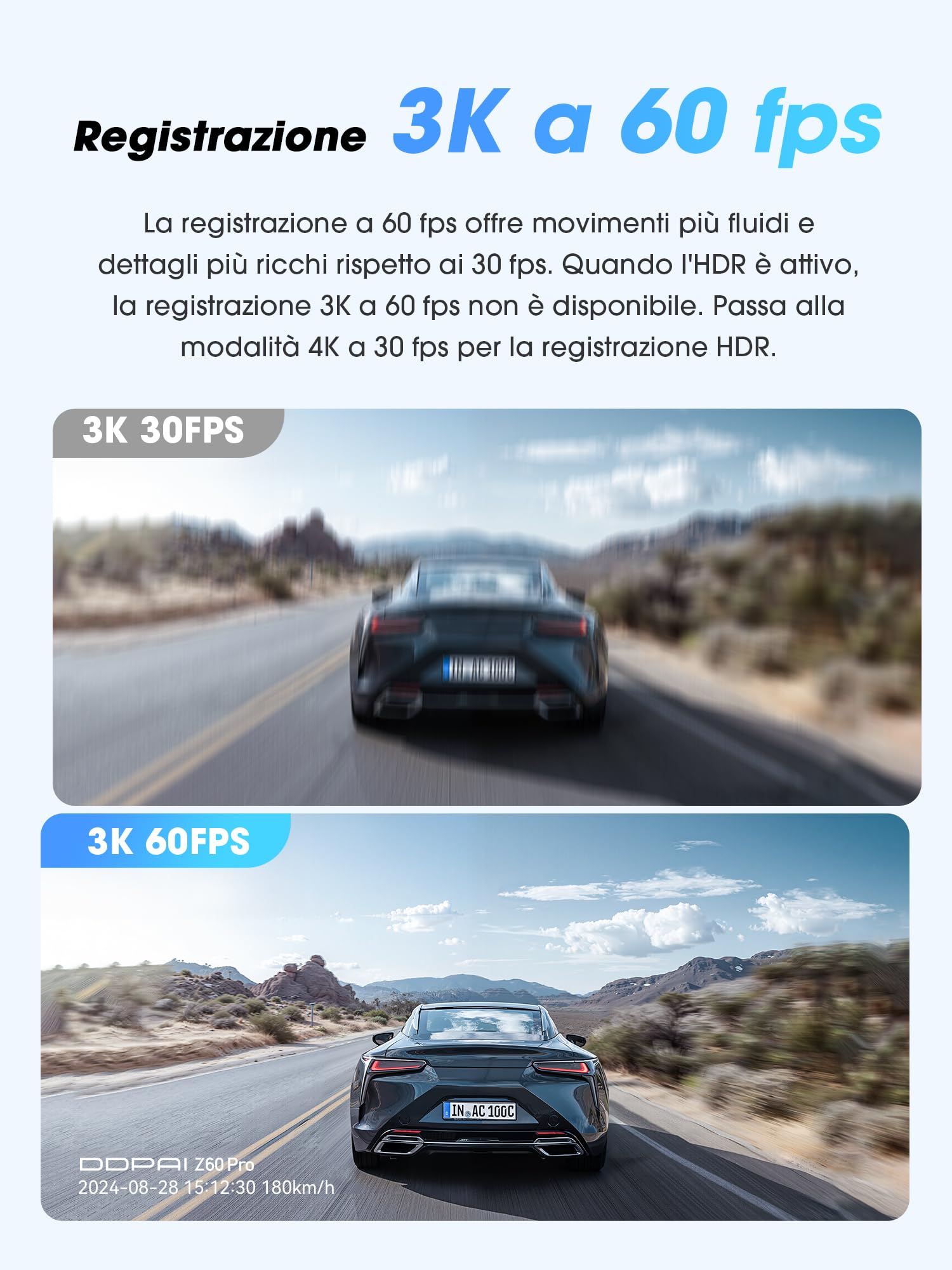 DDPAI Z60 Pro Dashcam Auto 4K, Dual STARVIS 2 IMX678 60FPS HDR, eMMC Integrata 32GB + Scheda 128GB Gratuita, Visione Notturna AI-ISP, 4G LTE, WiFi 5GHz, GPS, Modalità Parcheggio 24h, Schermo IPS 3"