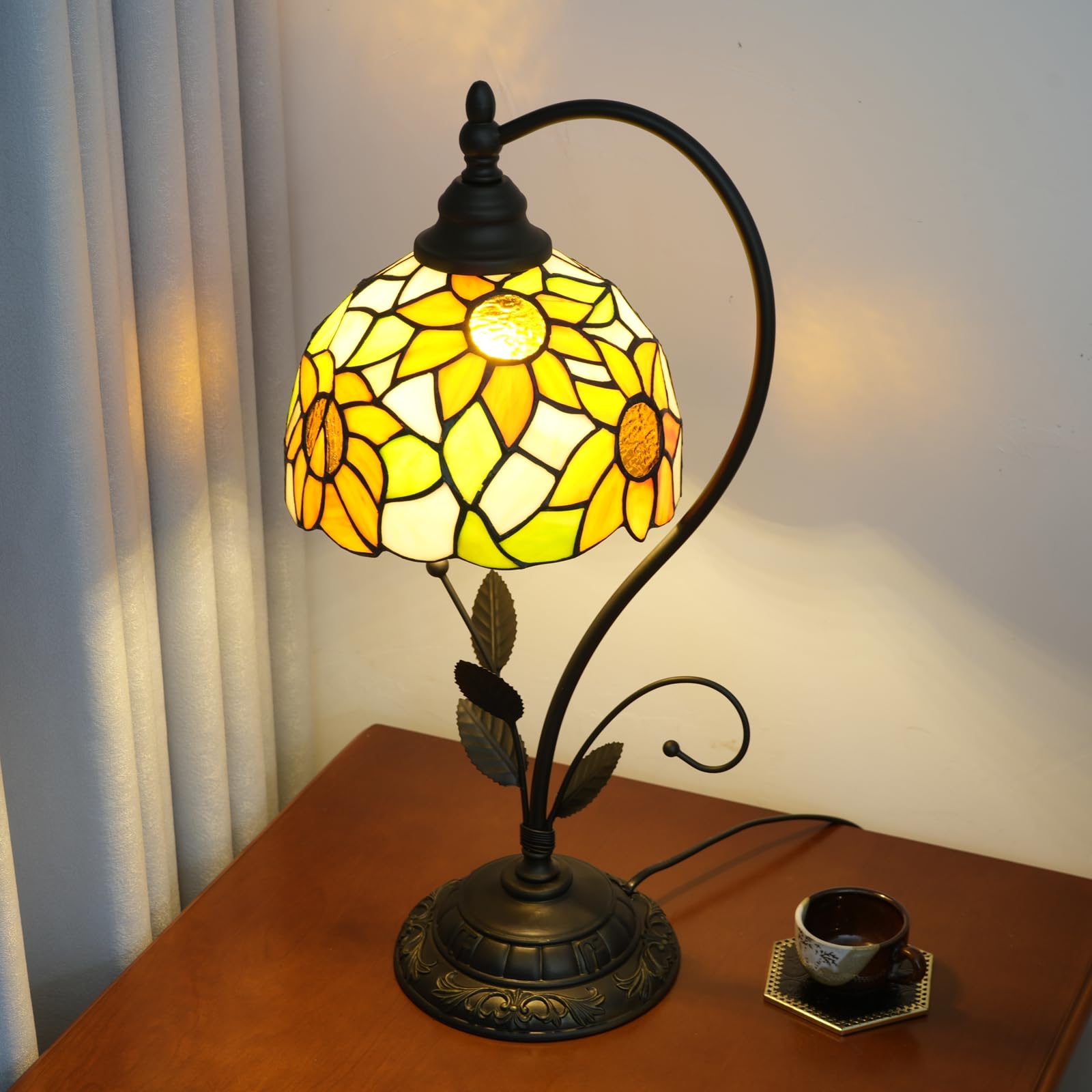 Tiffany Tischlampe Sonnenblume Gelb Glasmalerei Lampe Tiffany Stil S Blätter Vintage Schreibtisch Licht für Nachttisch Wohnzimmer Büro Schlafsaal Esszimmer