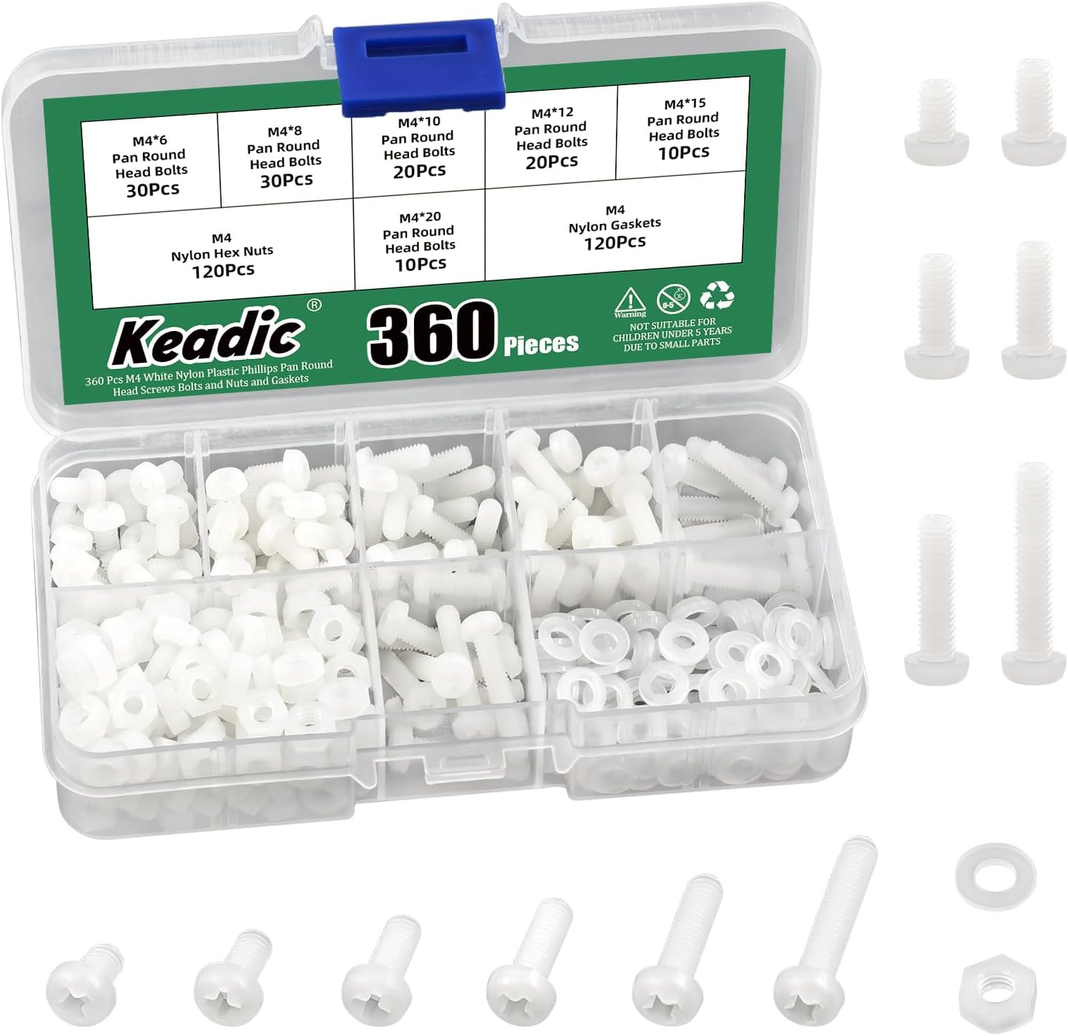 Keadic 360Pcs M4 White Nylon Plastic Pan Round Head Screws, Nylon Plastic Pan Round Head Screws Bolts and Nuts Nylon Pan Head Machine Screws Nut Washer Kit Nylon Pan Head Machine Screws for Fastening