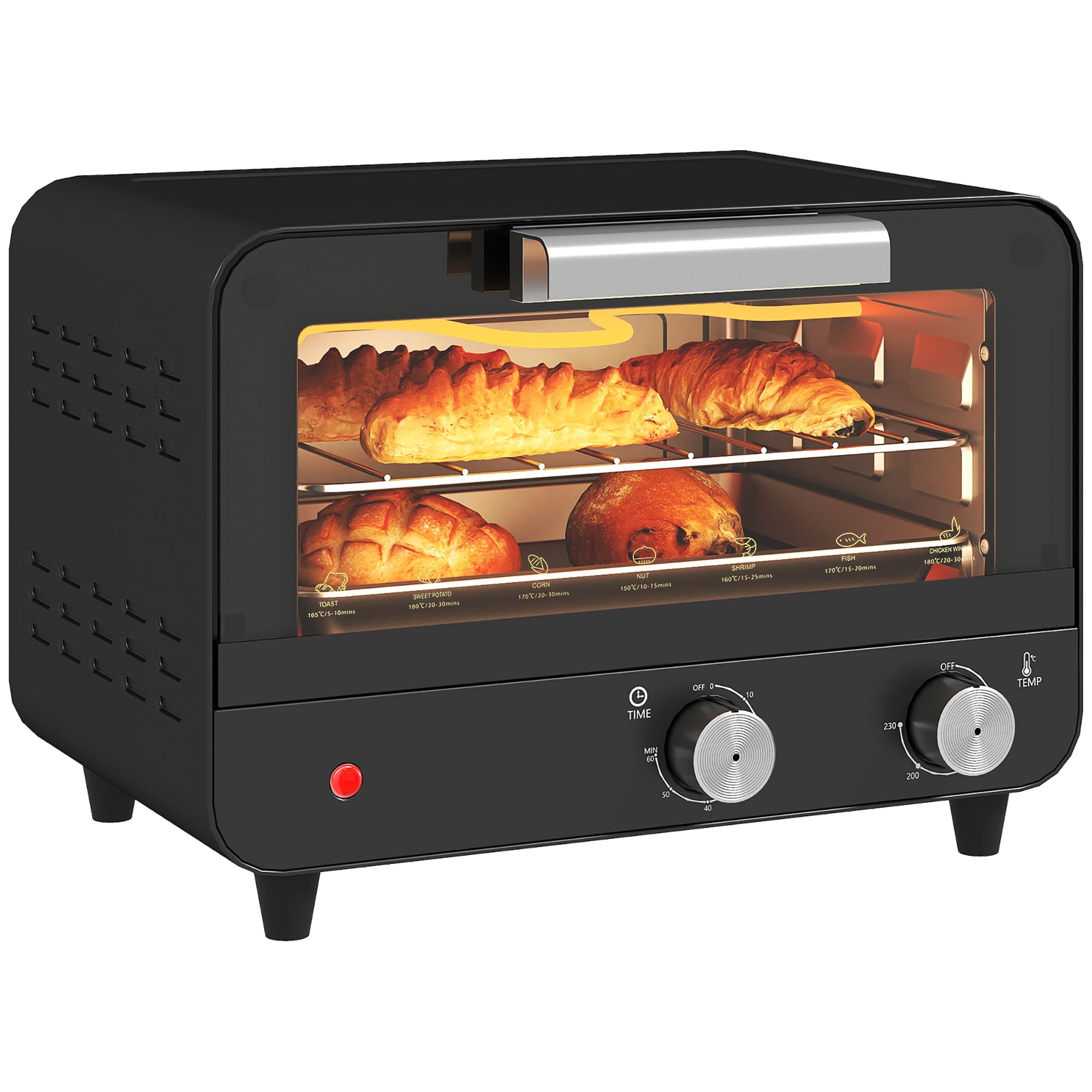 HOMCOM Small Toaster Oven, 12L Multifunction Mini Countertop Oven with Glass Door, Adjustable Temperature, Timer, Wire Rack & Baking Tray, 750W, Black