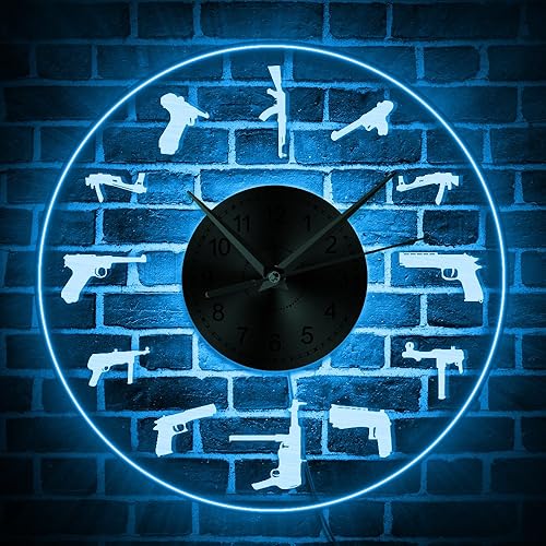 Miniatura 3 de Creativo diseño moderno pistolas razas LED iluminación multicolor reloj de pared pistola decoración familiar arte de pared hecho a mano regalo para