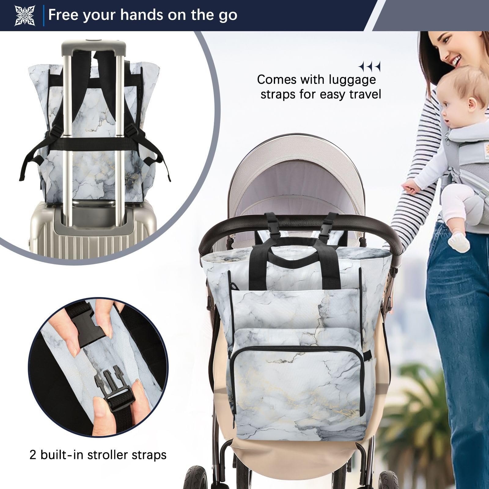 Blanco Negro MáRmol Abstracto Bolsa de Pañales Mochila de Viaje Gran Capacidad Bolsas para Mamá Papá Mujeres Niñas