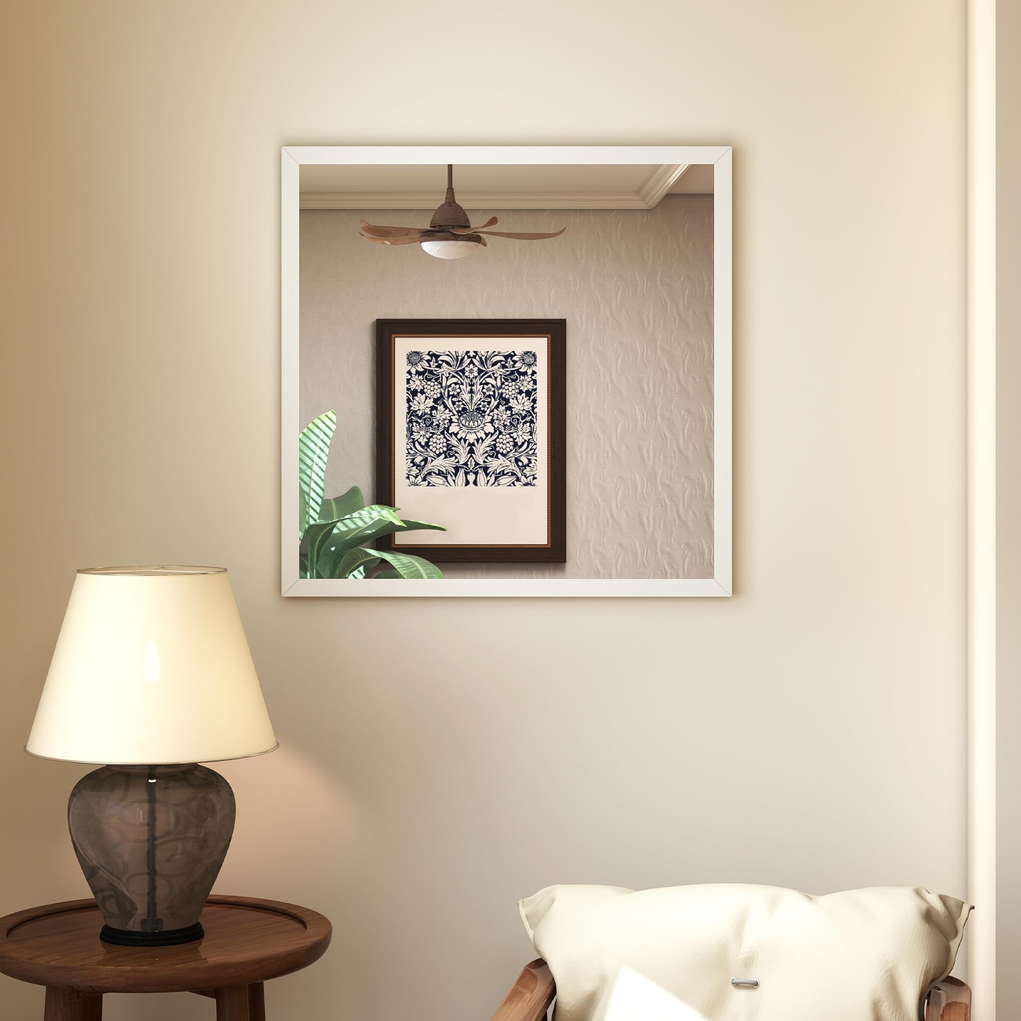 HOMCOM Espejo de Pared Cuadrado 50x50 cm Marco de Madera Blanco | Ideal para baño, sala de estar, dormitorio