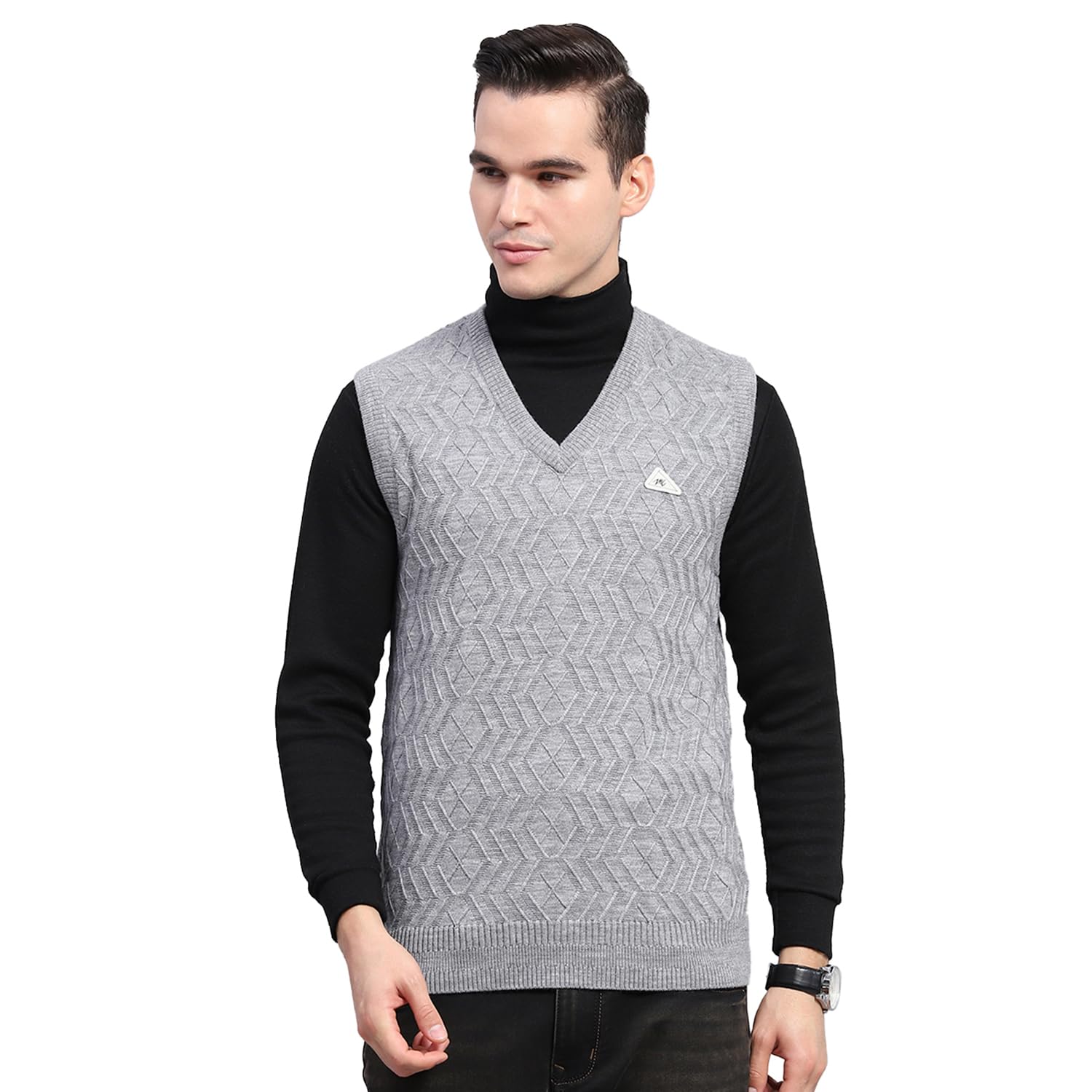 Mens Grey Self Design V Neck Sleeveless Sweater