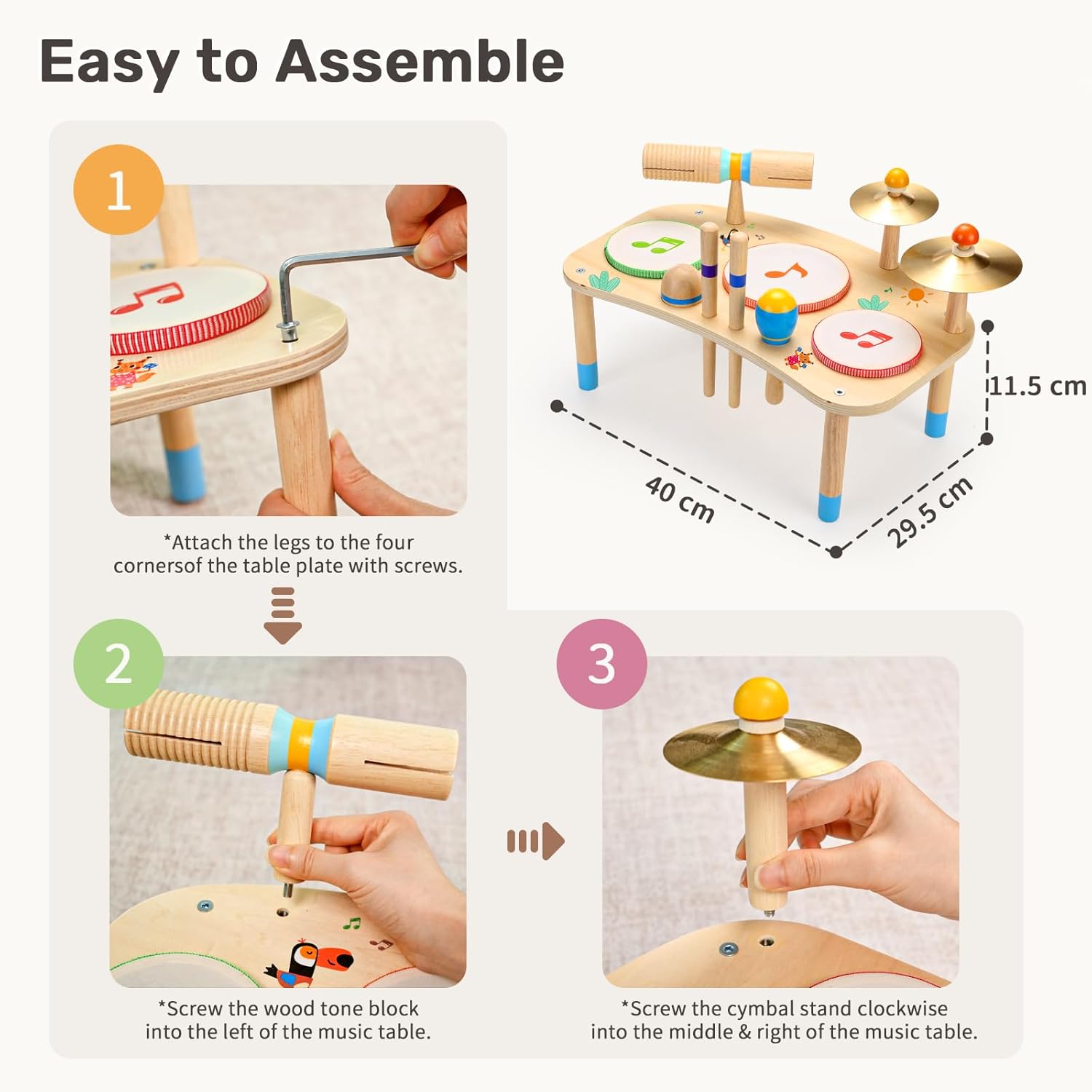 WINGYZ 11-in-1 Toddler Drum Set-Wooden Baby Musical Instruments & Montessori Musical Toys for Toddlers 1-3, Music Table with Bongo Drums, Cymbals, Maracas & Wrist Bells for Early Rhythm Play