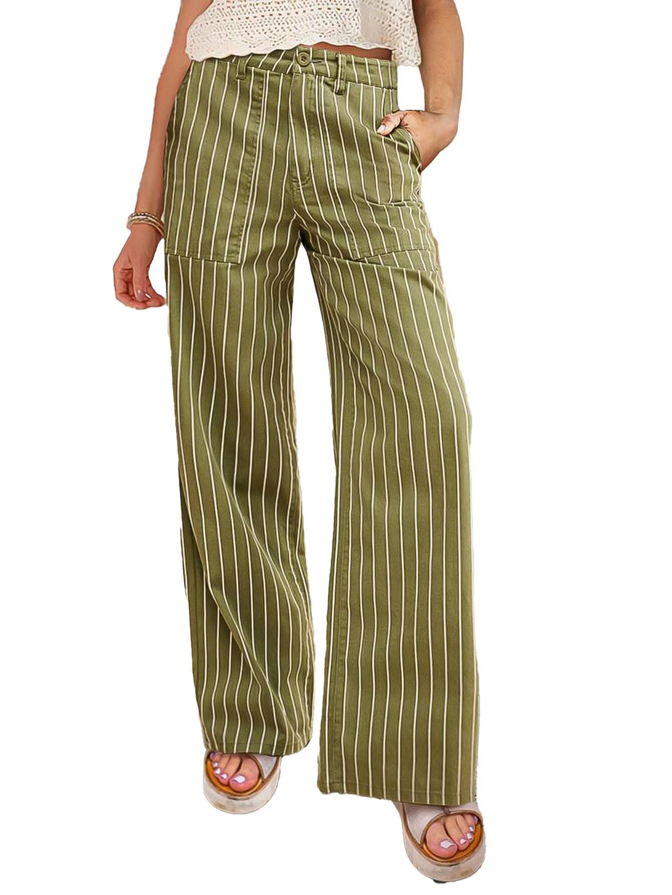 Flamingals Straight Leg Low Waist Striped Casual Pants Stretchable Trousers for Women