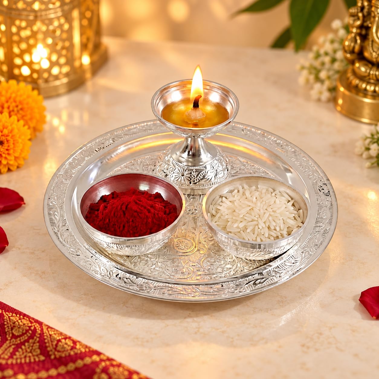 Silver Plated Pooja Thali Set with Diya & Bowls -1