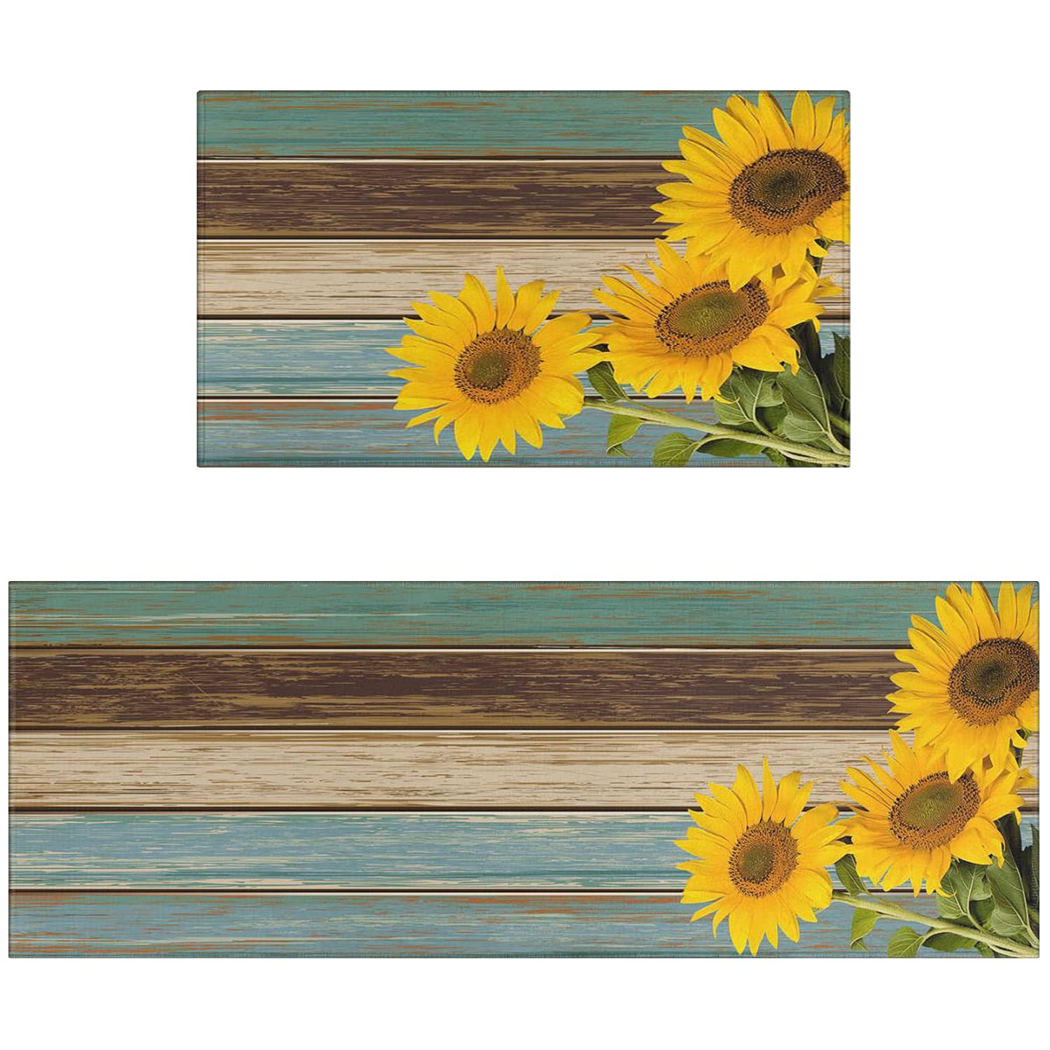 Faptoena Sunflower Kitchen Rugs and Mats Set of 2, Farnhouse Decoration Non Slip Super Absorbent Kitchen Mat for Sink Runner Rug 17"x48"+17"x30"