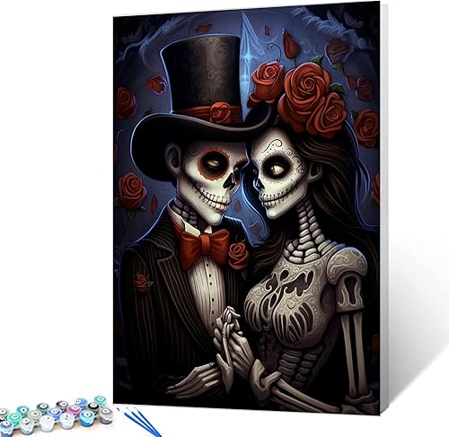 Pintura por números para parejas tomadas de la mano, para adultos, principiantes, Día de los Muertos, Esqueleto, Pintura por números sobre lienzo