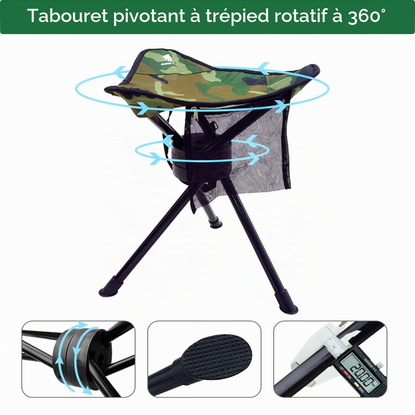 GEERTOP Trépied Pliable pivotant à 360 degrés, Tabouret de Camping, pêche, randonnée, Chasse en Plein air