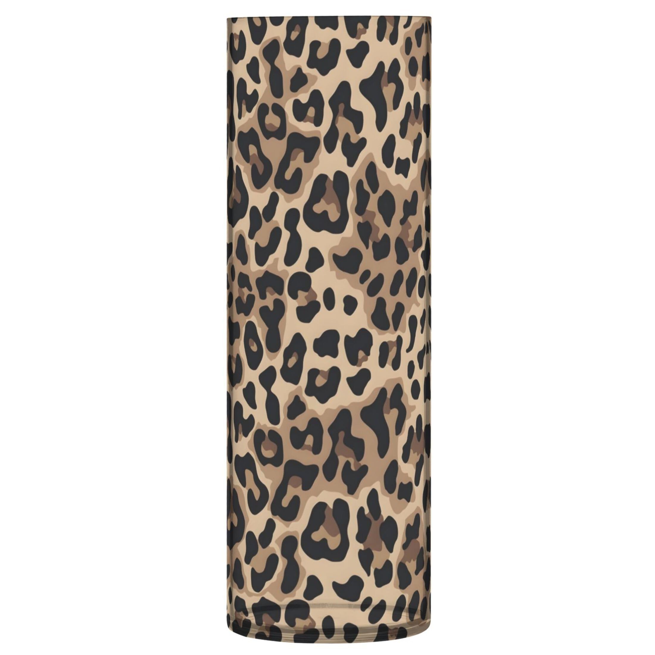 Brown Leopard Print Cute Tall Vase Plastic Cylinder Flower Vases for Bouquet Floral Home Decor Aesthetic, 11.8" x 3.9"