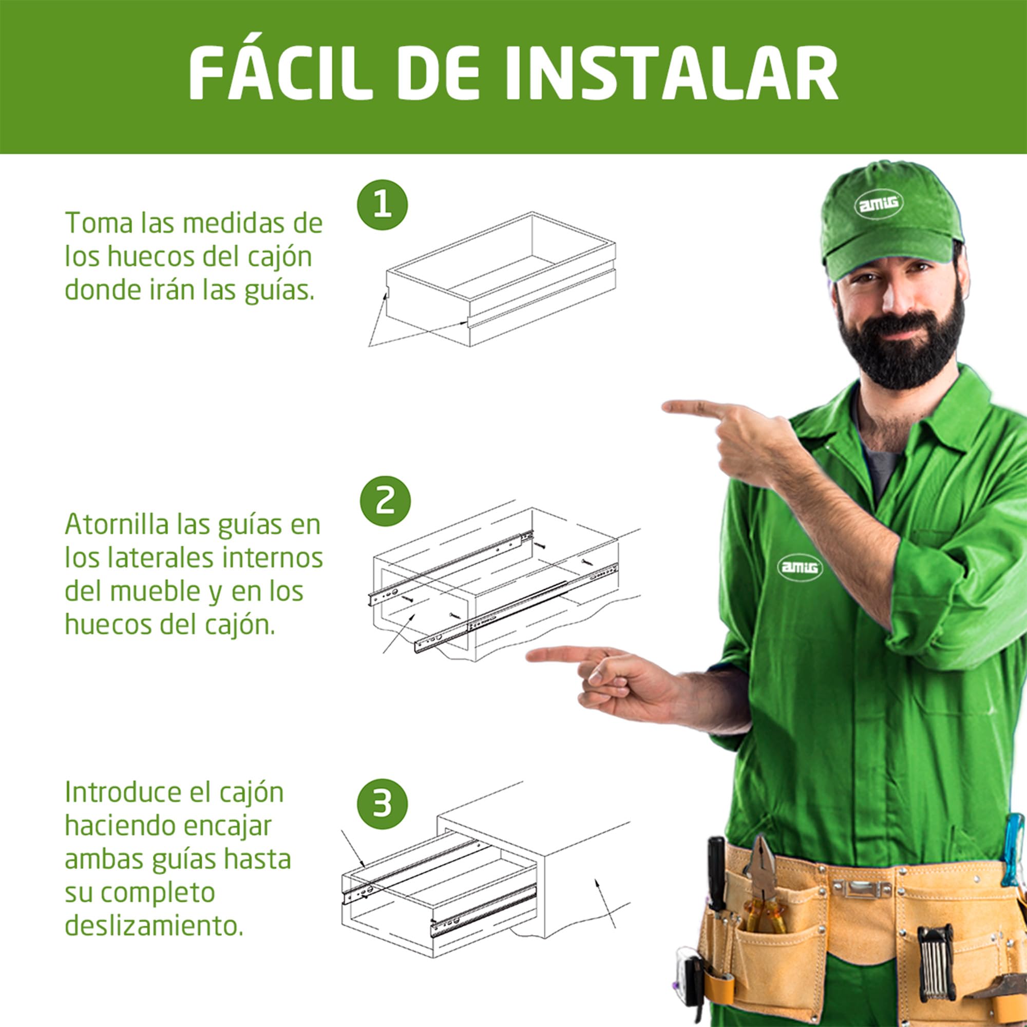 Amig - Juego de 2 Guías Correderas Metálicas - Acero Galvanizado - Para Cajones de Muebles - Extracción Parcial - Resistencia de carga: 15 Kg/Par - Plateado - Medidas: 310 x 17 mm