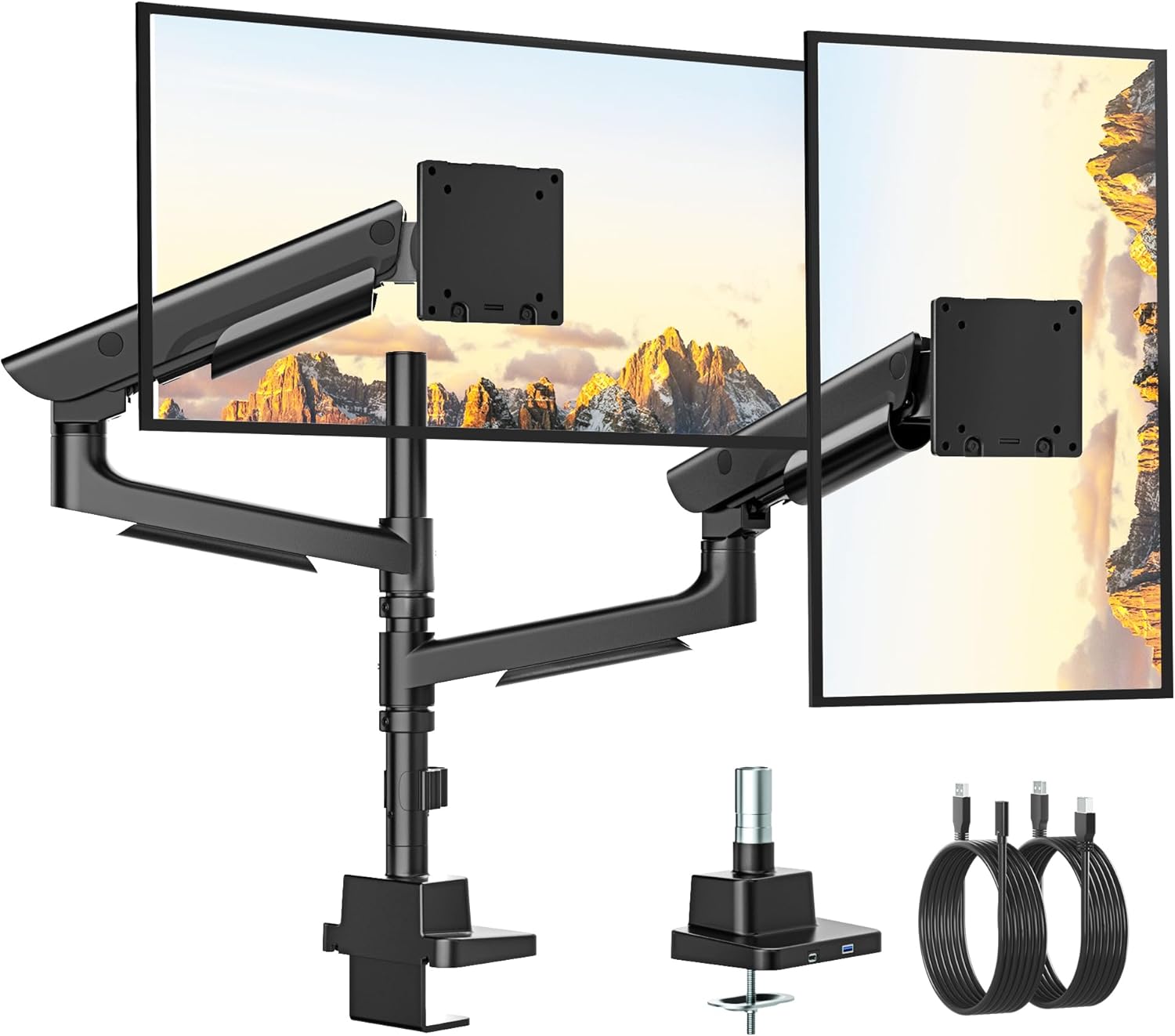 monTEK Sleek Aluminum Monitor Arm for 17–57” Ultrawide Screens up to 59 lbs, USB 3.0 A/C, Heavy Duty Dual Monitor Arm Desk Mount, Pneumatic Lift, Quick-Release Plate, Clamp/Grommet, Max VESA 100x100 Black Dual Arm with USB 3.0 A & C
