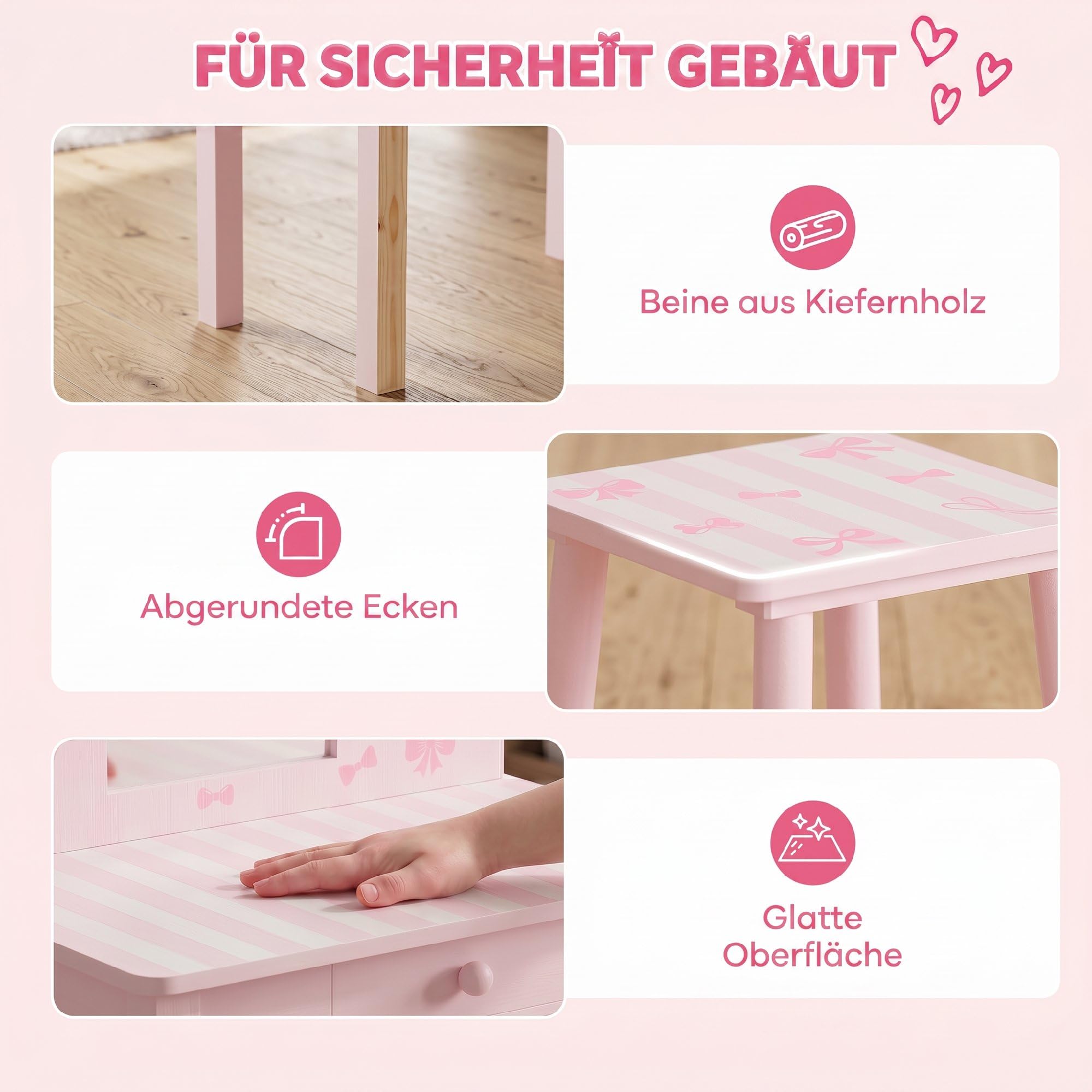 AIYAPLAY Kinder Schminktisch Set 2 in 1 mit Hocker für Mädchen 3-6 Rosa