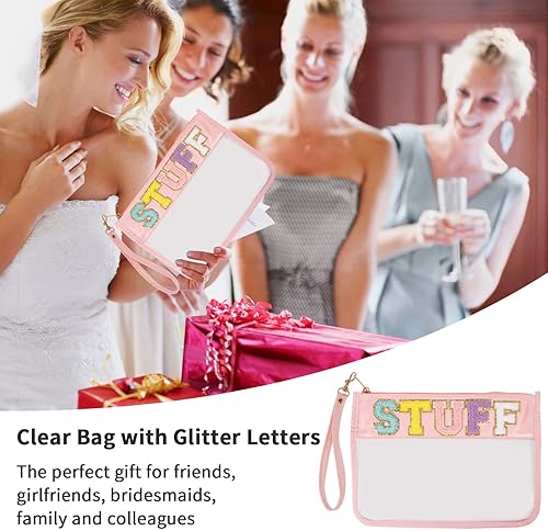 Miniatura 5 de Iqimott Bolsa transparente con letras, bolsa de maquillaje para viajes, playa, aperitivos, para mujeres y niñas, Cosas-Rosa