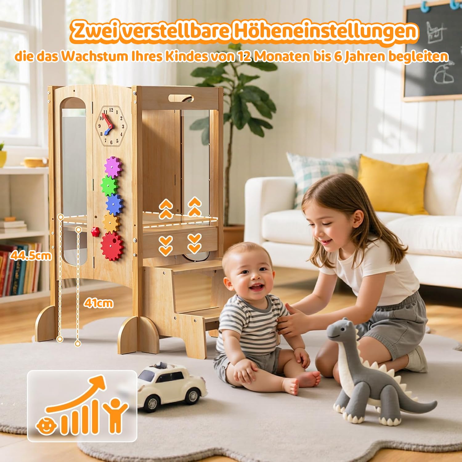 Lernturm Klappbar ab 1 Jahr, Montessori 5 in 1 Multifunktionaler Lernturm aus Birke, Vormontierter & höhenverstellbarer Learning Tower für Kinder, Kleinkinderturm mit Tafel & Sicherheitsnetz