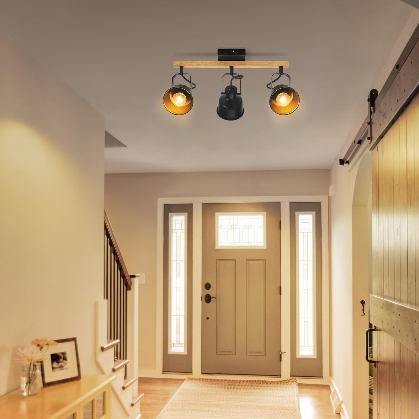 Plafonnier Spot 3 Flammes Noir Vintage Pivotant 350° MAX.25W Douille E14 Bois Industriel Salon Chambre Bureau