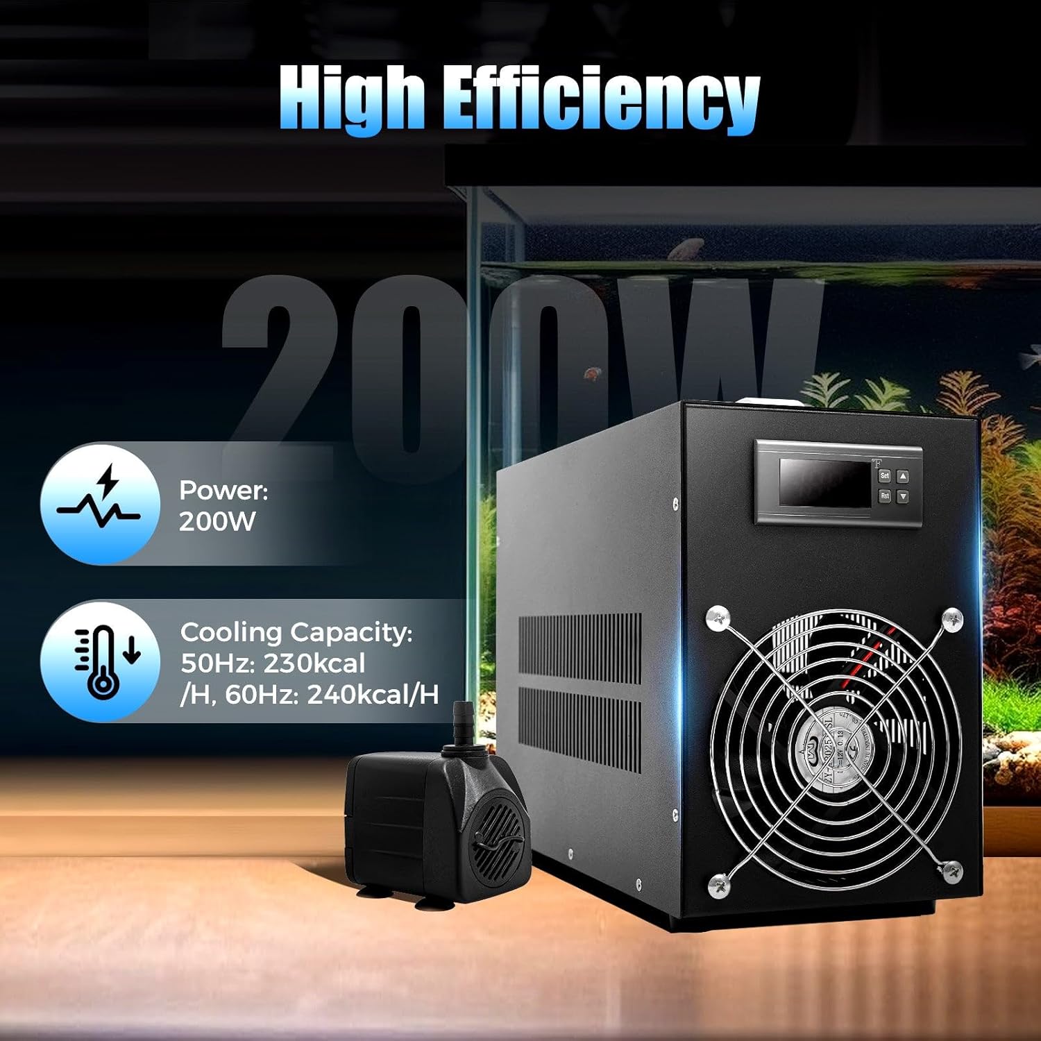 Aquarium Chiller 15gal, 1/10 HP Water Chiller for Hydroponics, Fast Cooling Shrimp Tank Machine, with Compressor Refrigeration, for Fish Tank, Axolotl, Coral Reef, Complete Fittings