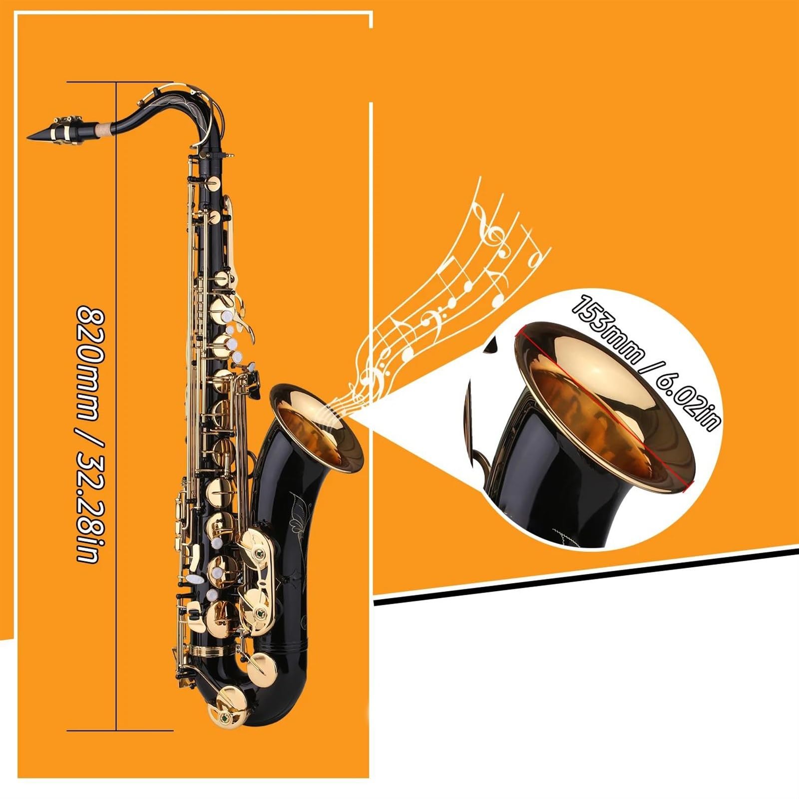 Saxofón Saxofón Tenor Si Bemol Bb, Saxofón Lacado Negro Con Caja De Instrumentos, Boquilla, Correa Para El Cuello, Accesorios