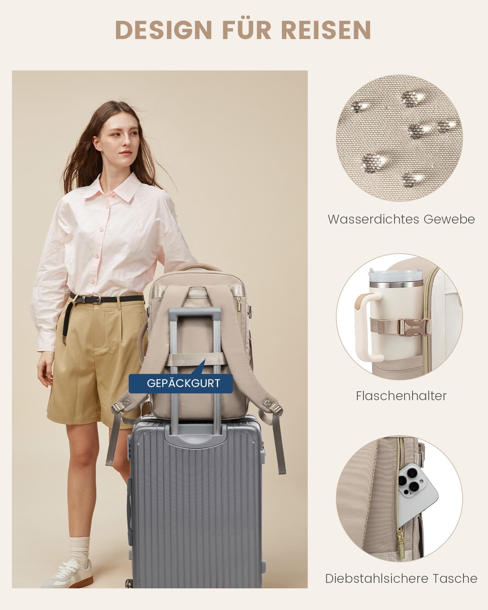 LOVEVOOK Ryanair Handgepäck 40x30x20, 24L Reiserucksack Damen, Handgepäck Rucksack Ryanair, Rucksack Damen, Reiserucksack Cabin Bag, Eurowings, Wizz Air, Urlaub Must Haves - Khaki Beige