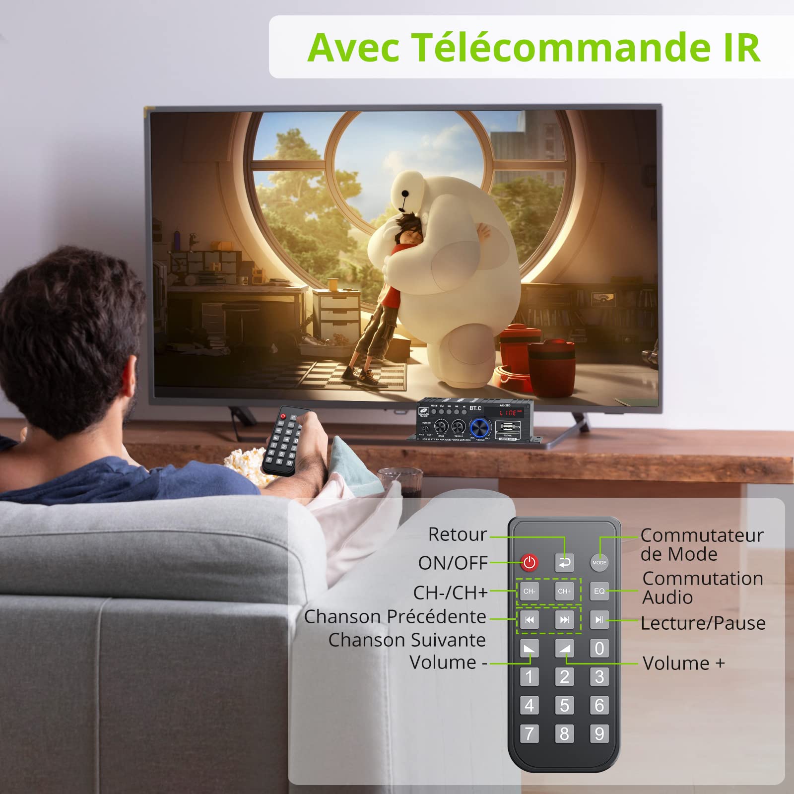 LiNKFOR Amplificateur de Puissance Audio Stéréo Récepteur Bluetooth 5.0 Amplificateur Audio sans Fil 40Wx40W avec LED Support USB SD RCA AUX BT Entrée avec Alimentation pour Téléphone MP3 AV