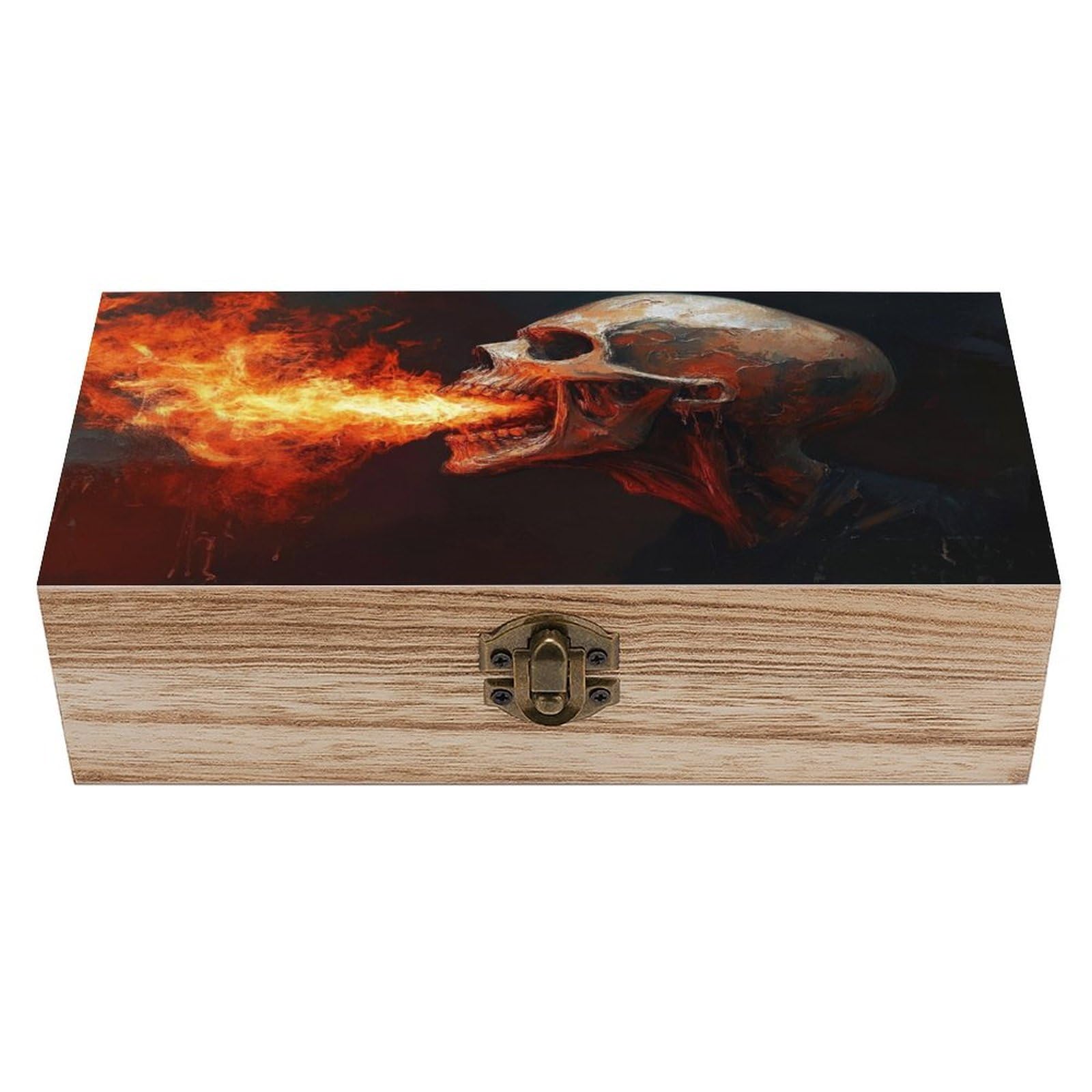 Ahdyr As Pic Skull Mouth Spitting Fire Wooden Storage Box With Hinged Lid And Front Clasp Large Keepsake Box
