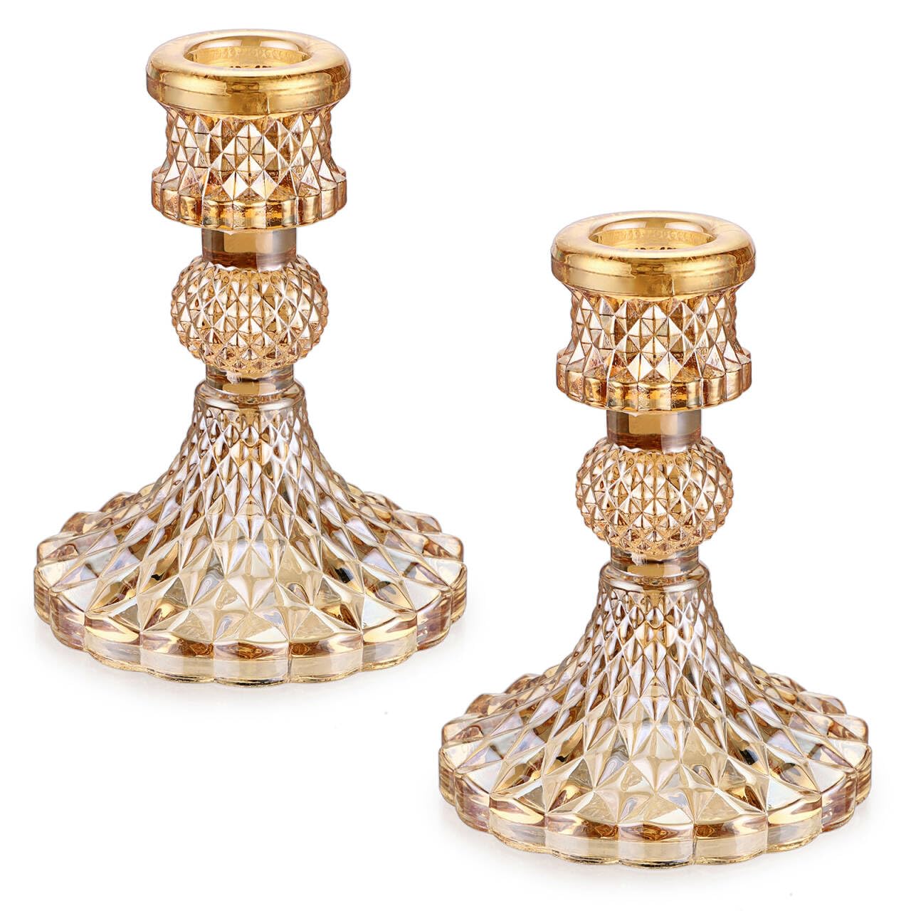 OwnMy Set of 2 Gold Glass Taper Candle Holders Decorative Glass Candlestick Holders, Modern Taper Candle Stands Candlesticks for Dining Table Centerpieces Wedding Church Decor