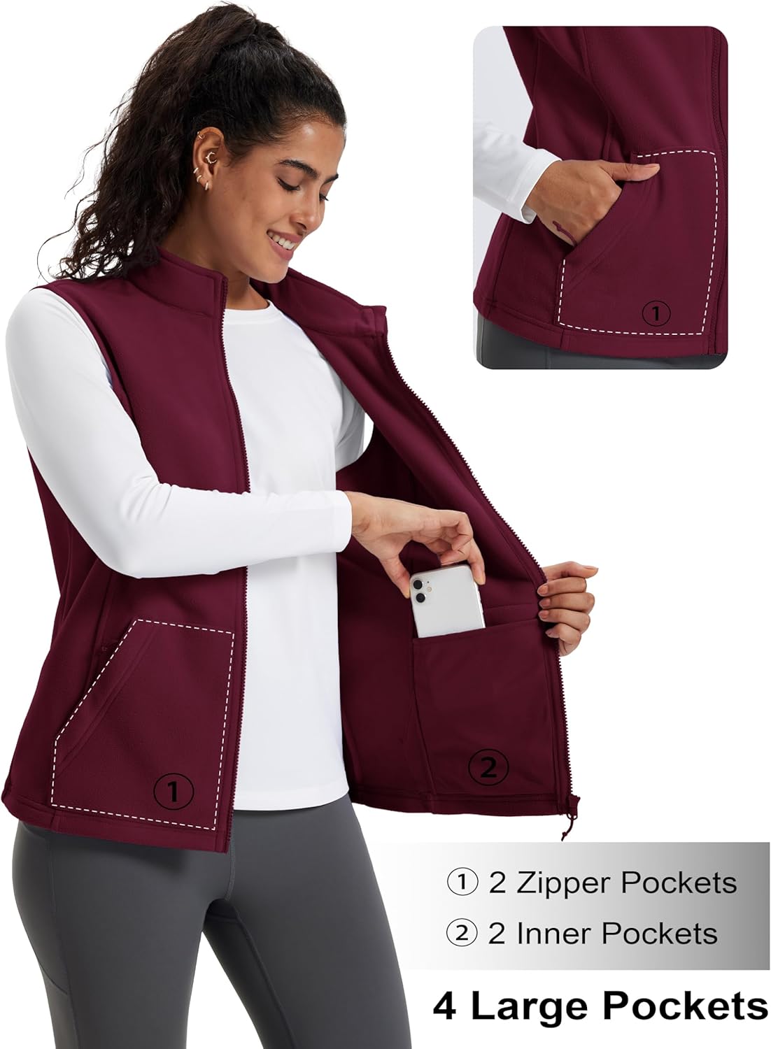 MAGCOMSEN Women's Fleece Vest Outerwear Sleeveless Lightweight Zip Jacket Warm Soft Hiking Running Vest Zipper Pockets - Image 5