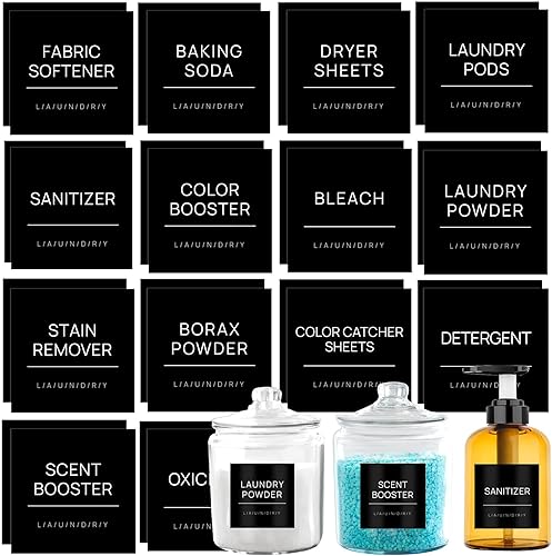 HVSWLY 28 etiquetas de lavandería para contenedores, etiquetas minimalistas para lavandería para tarros, etiquetas extraíbles e impermeables,