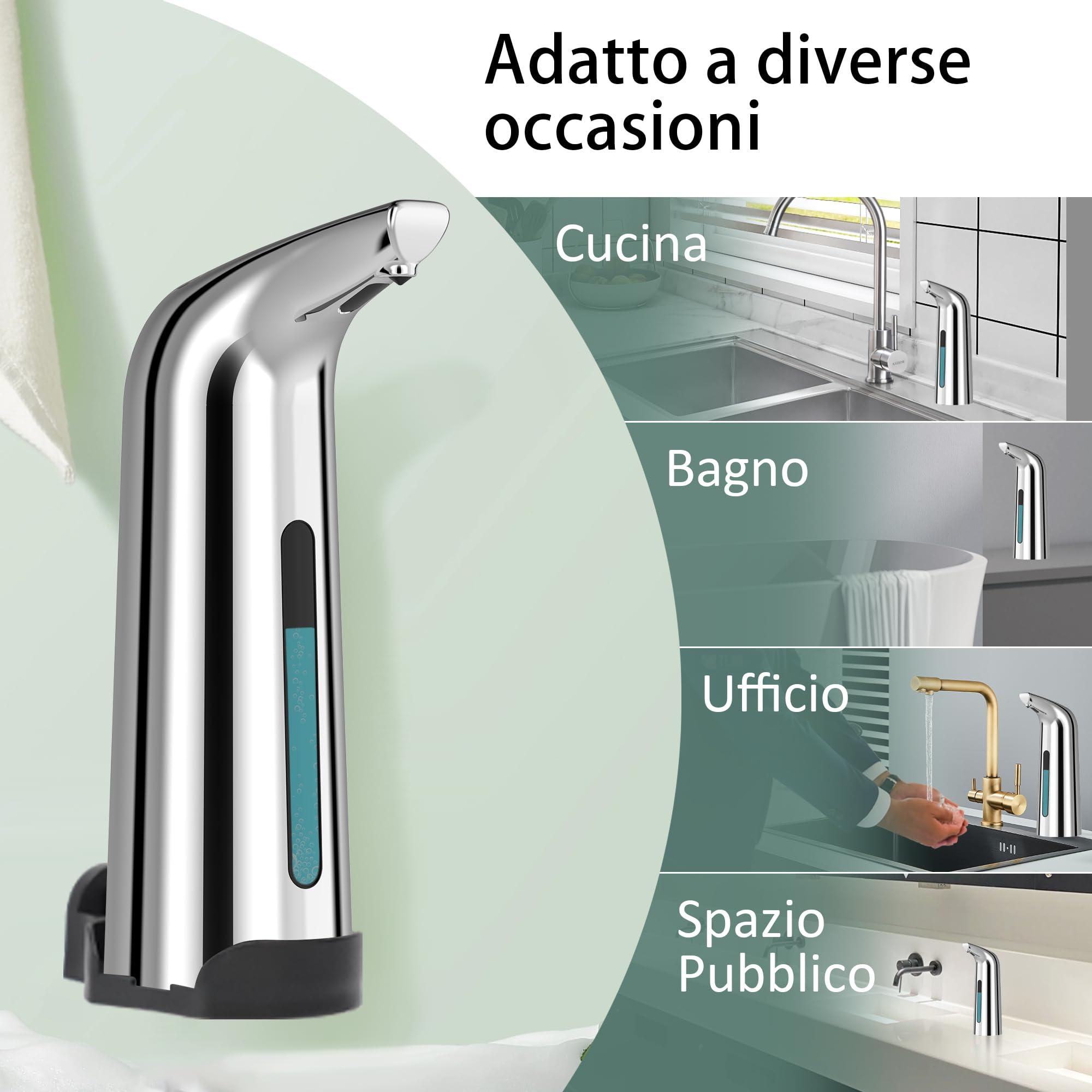 Dispenser Automatico Sapone Senza Contatto，Squisito 400ml Sensore Intelligente 4 Livelli Regolabile dispenser di sapone, Impermeabile IP65，alimentato a batteria，Adatto per Cucina, Bagno (Argento)