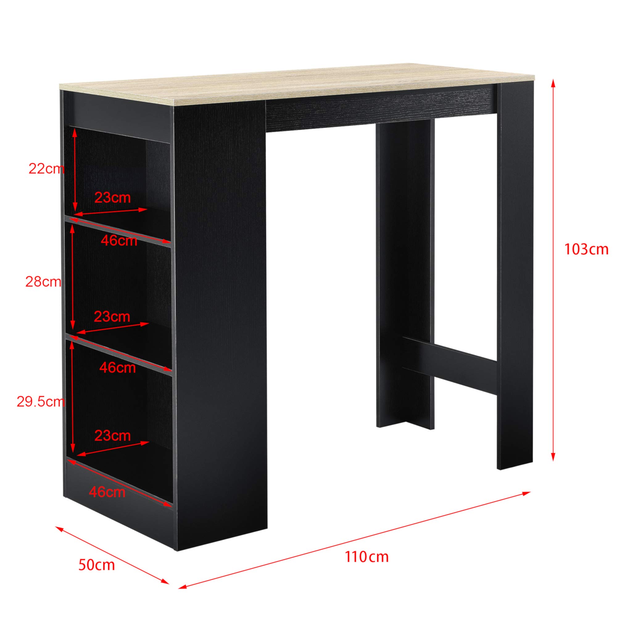 [en.casa] Tavolo Alto da Bar con 3 Scomparti Aperti Bancone da Lounge Caffè Bistrot con Ripiani Laterali Penisola Cucina Stretta 110x50x103 cm - Nero/Effetto Rovere