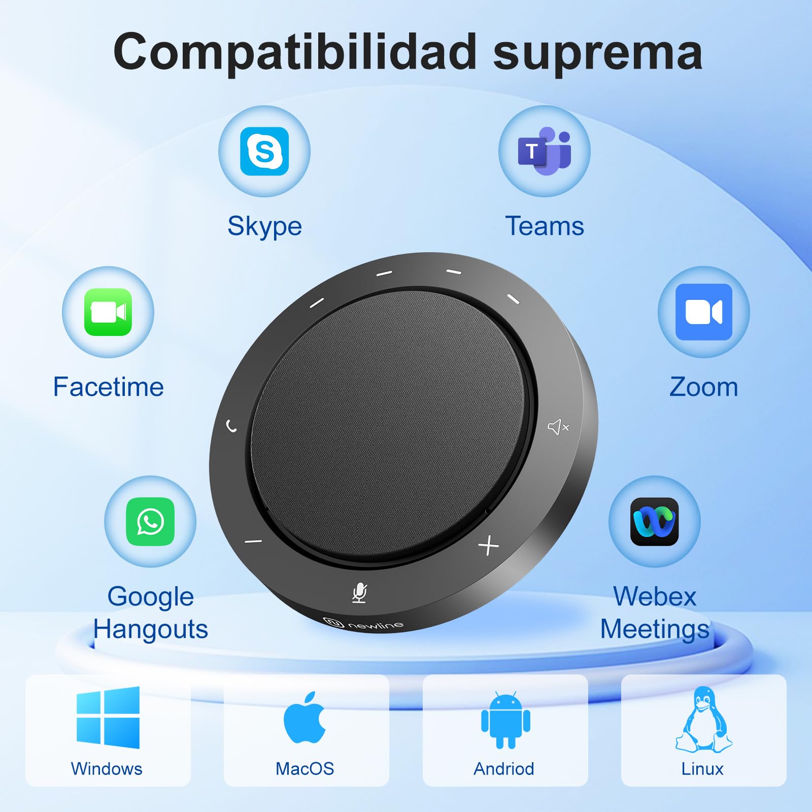 Altavoz de Conferencia con 2 micrófonos con cancelación de Ruido, captación 360°, Sonido Claro, 10–14 h de conversación, Bluetooth y USB-C/A, micrófono PC Compatible con Zoom, Teams, Skype