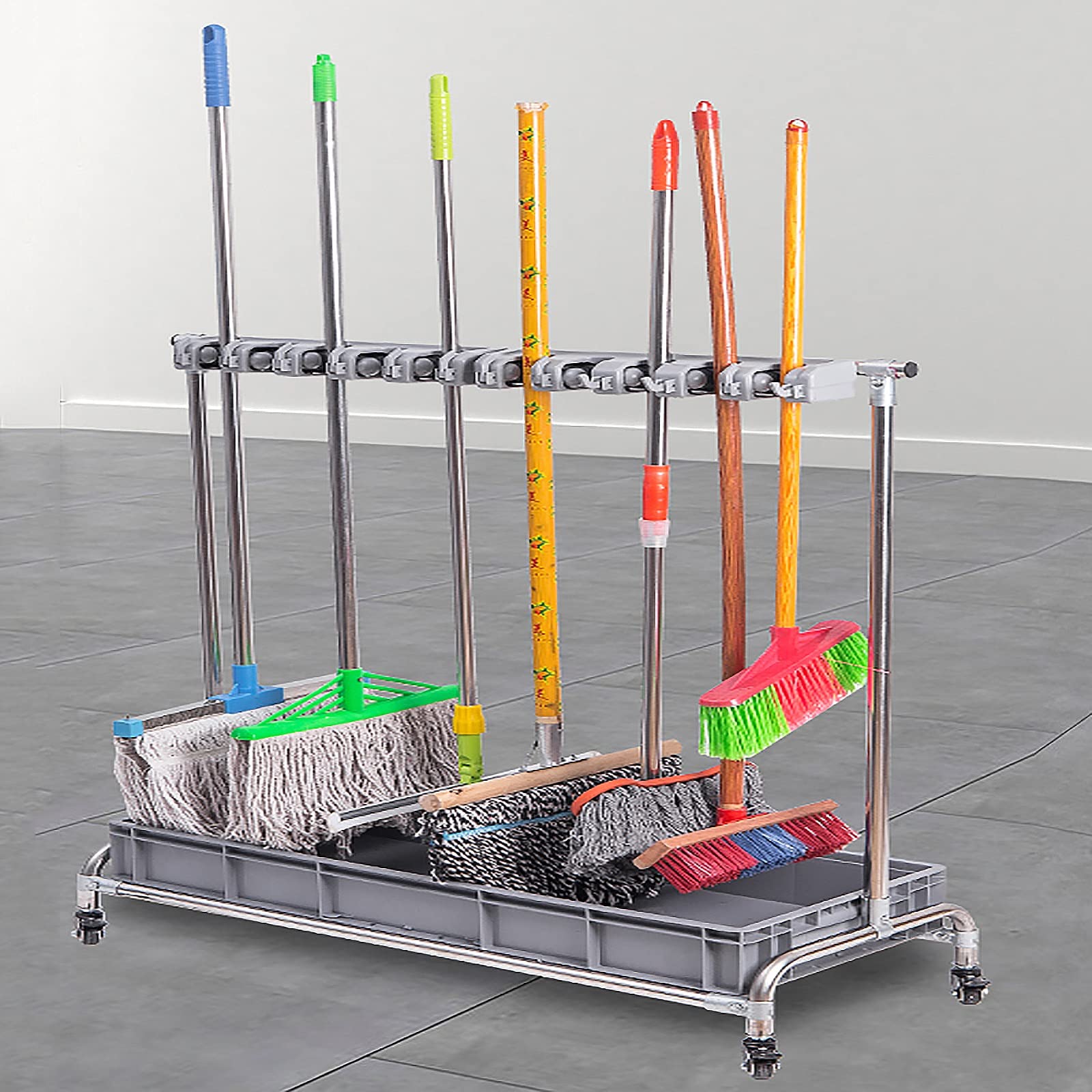 ASerZenith Utility Rack For Mops And Brooms,Movable Broom Mop Holder,Cleaning Tool Cart Tower Mop Holder Umbrella Stand,Broom And Mop Holder Put Wet Mops Movable Commercial Mop Rack For(10Slots)