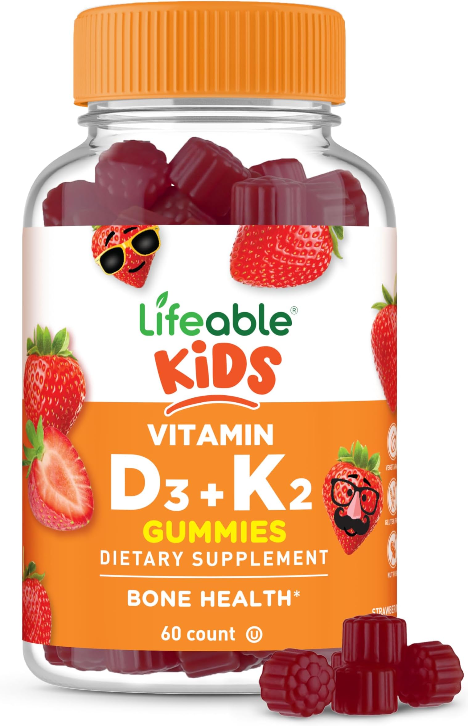Lifeable Kids Vitamin D3 K2 Gummies | 500iu D3 and K2 100mcg | Great Tasting D3 and K2 Supplements | for Bone Health and Immunity | VIT D3 K2 for Kids | 60 Gummies