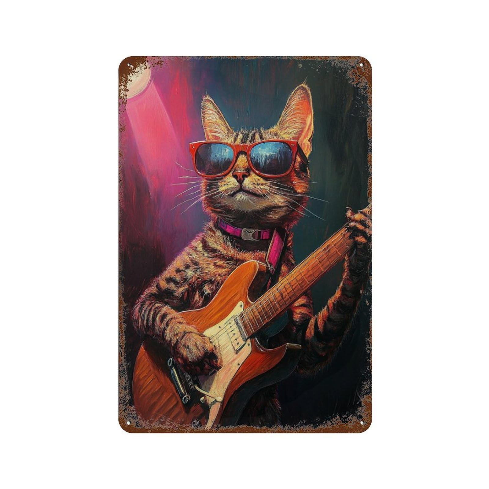 Rock Star Cat Guitarist -1 Decorative Tin Sign 11.8"x7.9", for Bistro, Counter And Cafe Decor, Novelty Wall Decor