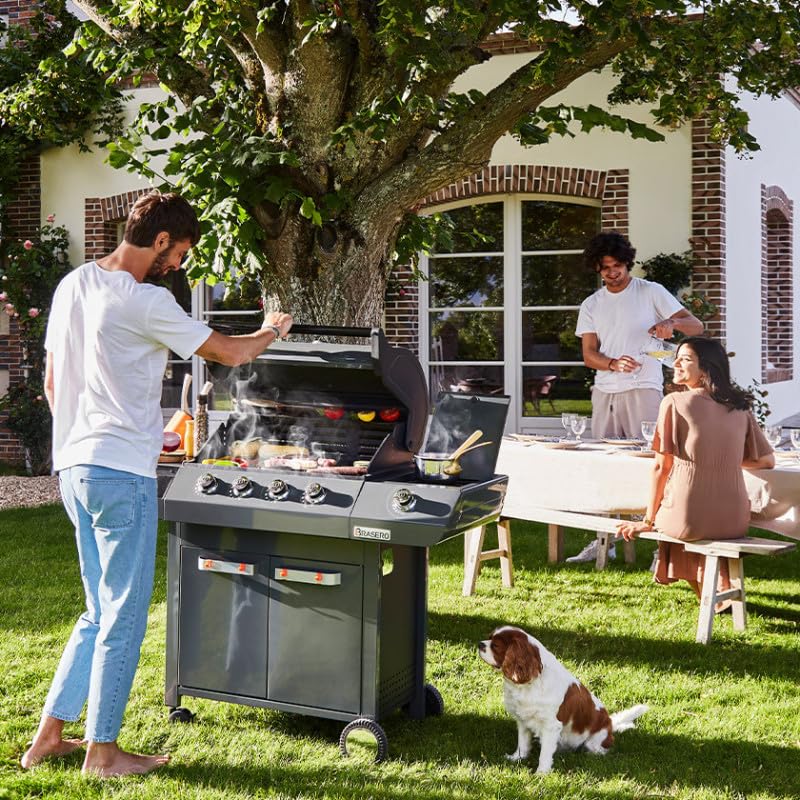 BRASERO BY FAVEX -Barbecue gaz Emma 4 + 1 Side Gun Metal – 4 brûleurs + latéral – 15,1 kW – Grille fonte 64 x 41,5 cm – FLEXIGRILL – 12 convives