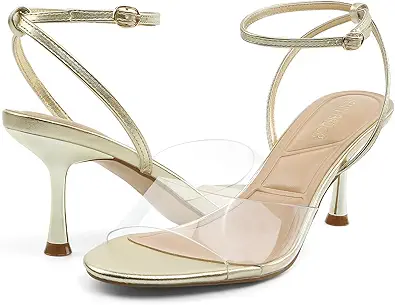JENN ARDOR Clear Heels for Women Kitten Strappy Sandals Comfort Round Open Toe Ankle Strap Stilettos Wedding Party Low Heeled Dress Shoes