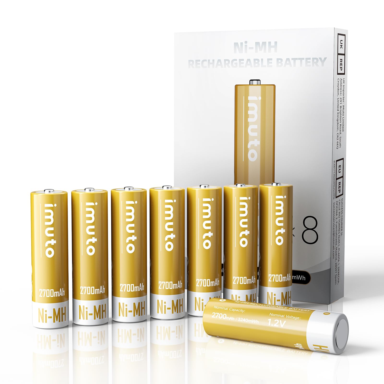 imuto Rechargeable AA Batteries,2700mAh,1.2V Ni-MH Rechargeable Double A Batteries,8 Pack,Recharged up to 1,000+Times,Suitable for mice, Toys,