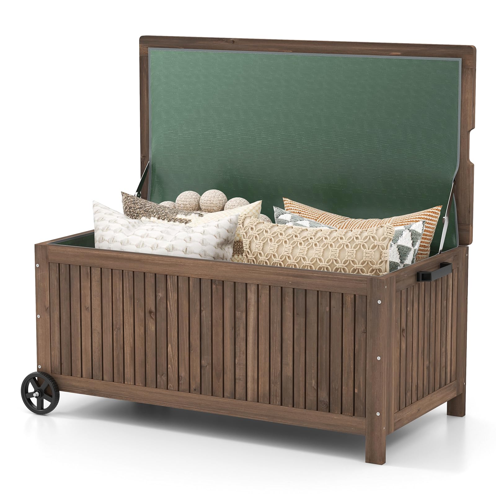 COSTWAY Gartenbox Holz 213 L, Aufbewahrungsbox mit Rädern, Kissenbox mit wasserdichter PE-Auskleidung, Auflagenbox mit Deckel & Griff, für Garten Terrasse, 114 x 58,5 x 51 cm, Braun