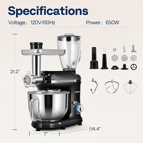 Miniatura 7 de VIVOHOME Batidora de pie 3 en 1, batidora eléctrica de cocina de cabeza inclinable de 6 cuartos de galón con tazón, mezclador de alimentos